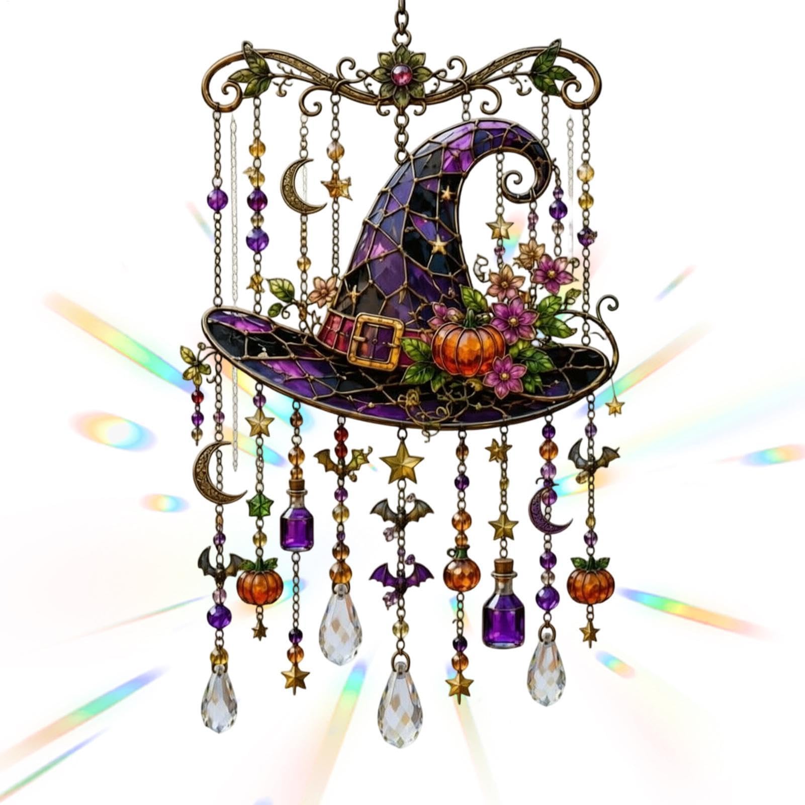 Carillón de viento de Halloween con atrapasol acrílico 2D de colibrí y fantasma para ventana