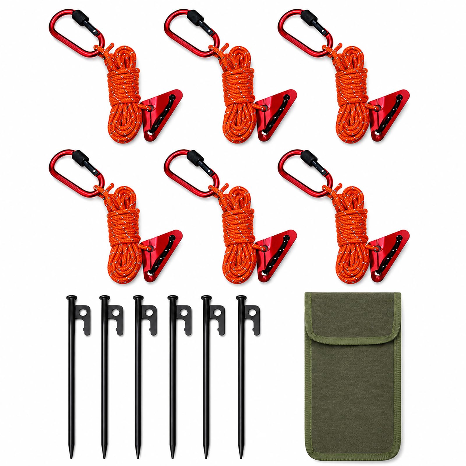 Camping Guyline Kit with Carabiner, 6 x 4m Reflective Tent Guy Ropes, 6 x 30cm Metal Tent Pegs, Rope Tensioners and Carry Pouch for Tents, Tarps, Canopies, Awnings and Shelters，Orange