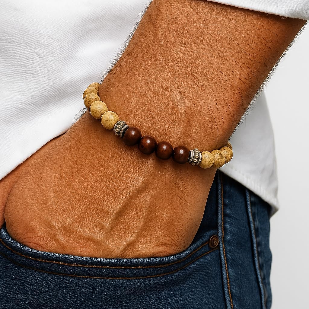 Kartini Studio Natural Stone Bracelet for Men, Gift for Man, Bead Bracelets for Men Picture Jasper and Mahogany Obsidian Bead Jewellery - Image 2