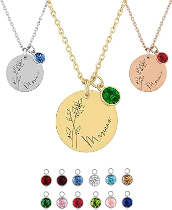 Personalisierte Geburtsblumen Kette mit Namen & Geburtsstein – Wasserfeste Halskette Damen aus Edelstahl – Symbolisches Schmuck Geschenk für Frauen, Beste Freundin & zum Valentinstag