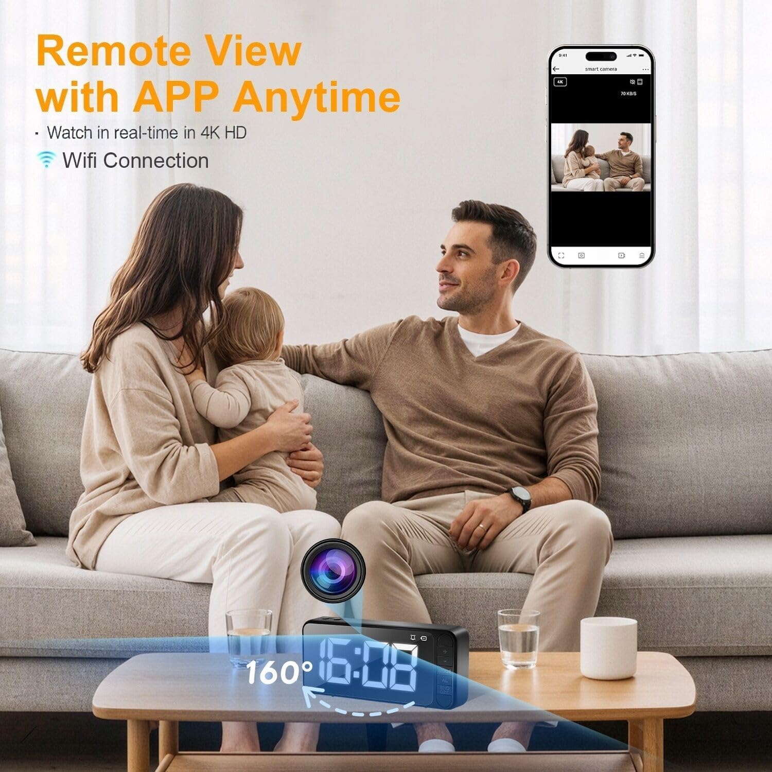 4K Home Camera Clock, WiFi mini Security cam, Automatic time Synchronization Magnetic Alarm Clock, 5000mAh Ultra Long Battery Life, Indoor Nanny Cameras Baby pet Monitor, The APP is Easy to Operate image 2