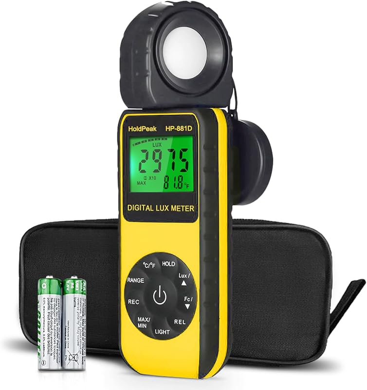 HOLDPEAK 881D Medidor de Luz de Iluminancia, Medidor Digital de Velas de Pie Lux 0.1~400,000 Lux (0.1~40,000 FC) con Detector Giratorio de 270º, Luxómetro Par Meter para Plantas Luces LED Probador de Luz Interior Exterior