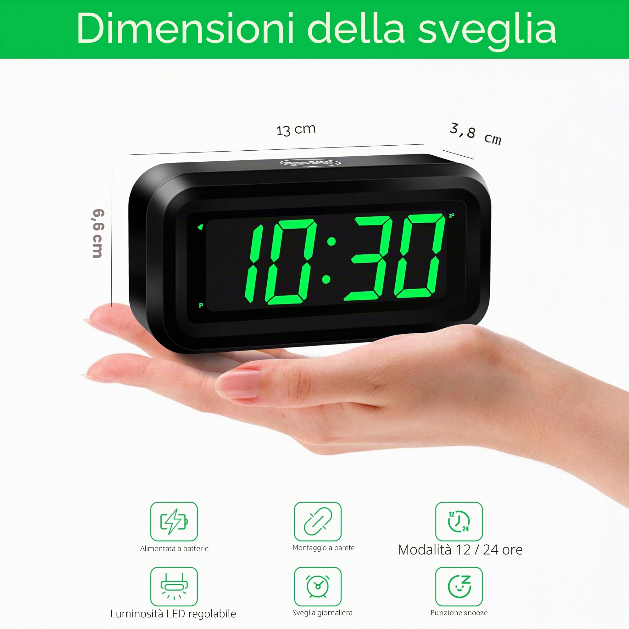 KWANWA Sveglia Digitale,Sveglia da Comodino,LED Sveglia con Grande 1.2 '' Time Display LED, Batteria AA Alimentato Solo, Funzione Snooze, Senza Ticchettare (Display verde)