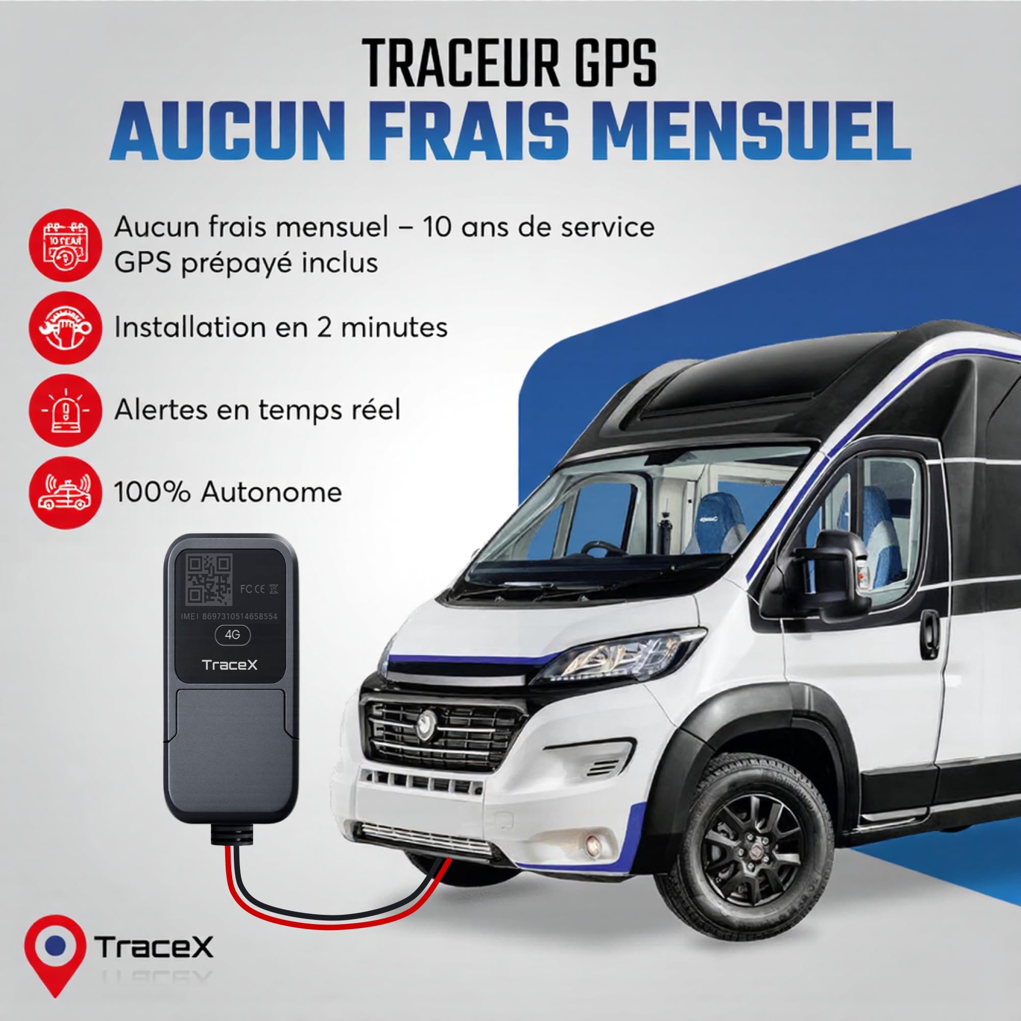 Traceur GPS sans abonnement mensuel – Pas besoin de recharge – Application et abonnement 10 ans inclus – Tracker GPS voitures, motos, camping-car, vans – Suivi en temps réel, alertes de mouvement