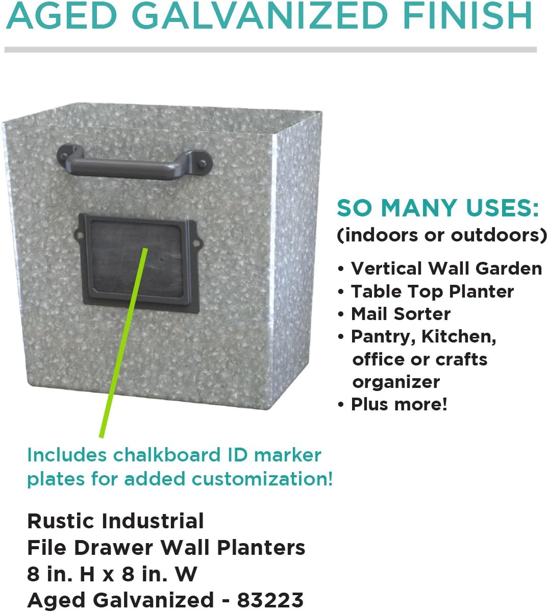File Drawer Wall Planters with Chalkboard Id Tags, Aged Galvanized, 12/cs