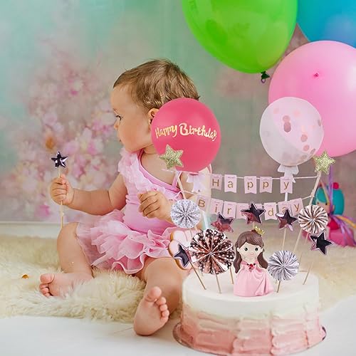 Miniatura 7 de Linda decoración de pastel de niña, 14 piezas, figura de princesa con pancarta de feliz cumpleaños, confeti, globo, decoración de estrella para