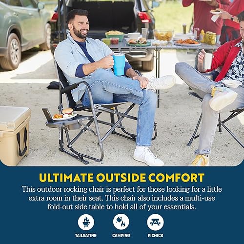 Miniatura 3 de GCI Outdoor Freestyle Rocker XL con mesa auxiliar Silla de campamento Mecedora plegable portátil con reposabrazos sólidos y duraderos, soporte