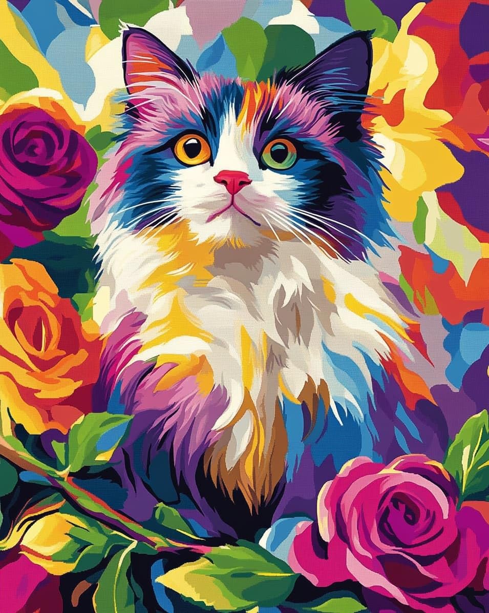 WallustrioaW Cross Stitch Kits for Adults,Cat on a Flower Branch,Stamped 11CT Printed Cross Stitch,Embroidery Kits for Beginner Wall Art Home Decoration,16x20in