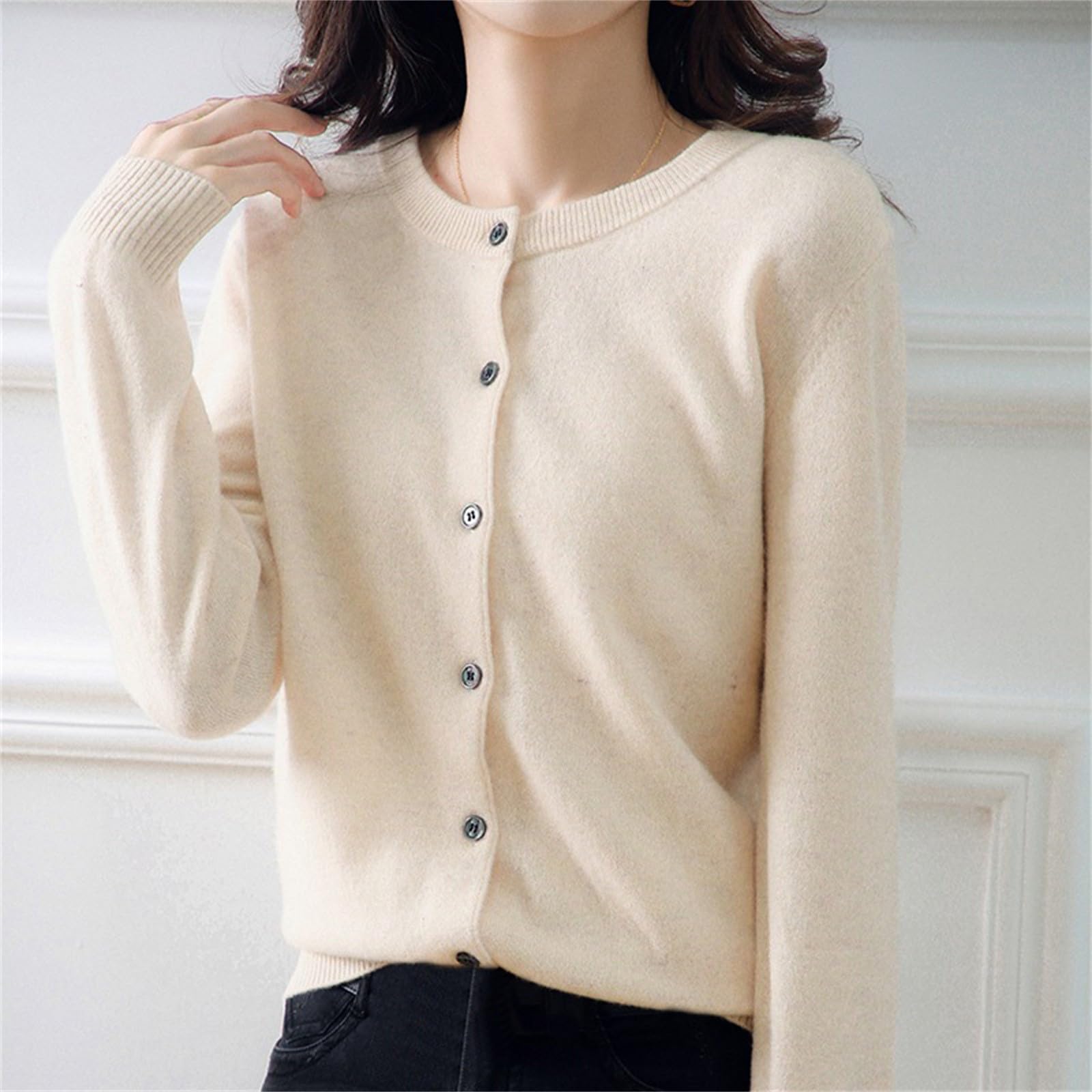 Bolero Chaqueta de punto ligera para mujer, manga larga, cuello redondo, tiempo de entretiempo, chaqueta ligera, clásica, cuello redondo, chaqueta de punto fina con botones, jersey suelto de punto