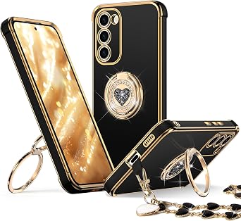 XYZ for Samsung Galaxy S23 Case with Stand, for Samsung Galaxy S23 Case with Double Ring, Women Girls Bling Luxury Phone Case para Galaxy S23 6.1", Black