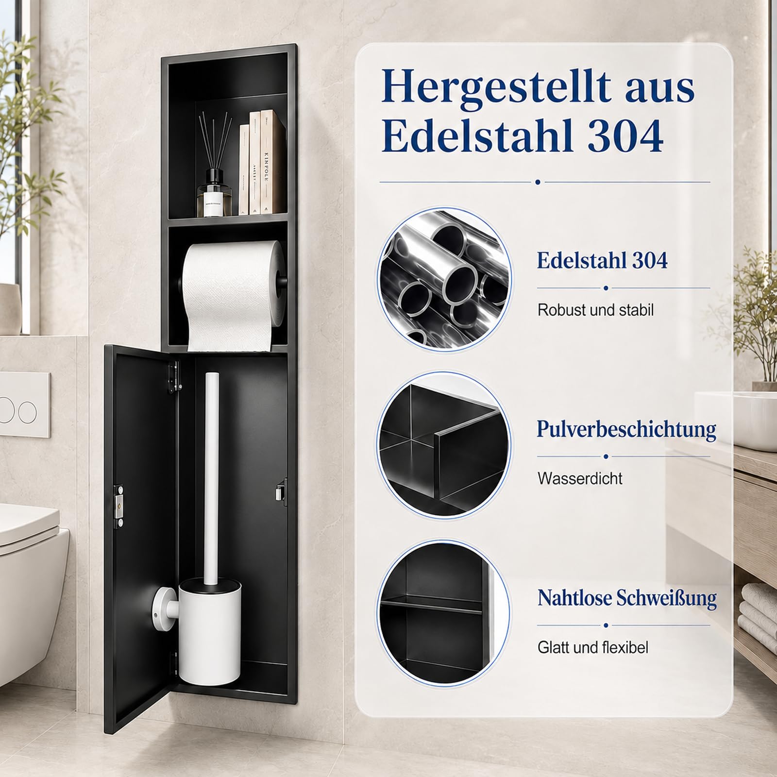 Unterputz Toilettenpapierhalter Edelstahl mit Klobürstengarnitur | 80 x 18 x 12,5 cm Badezimmerschrank mit Toilettenpapierhalter, und Badezimmer-Schrankfunktion, Matt Schwarz