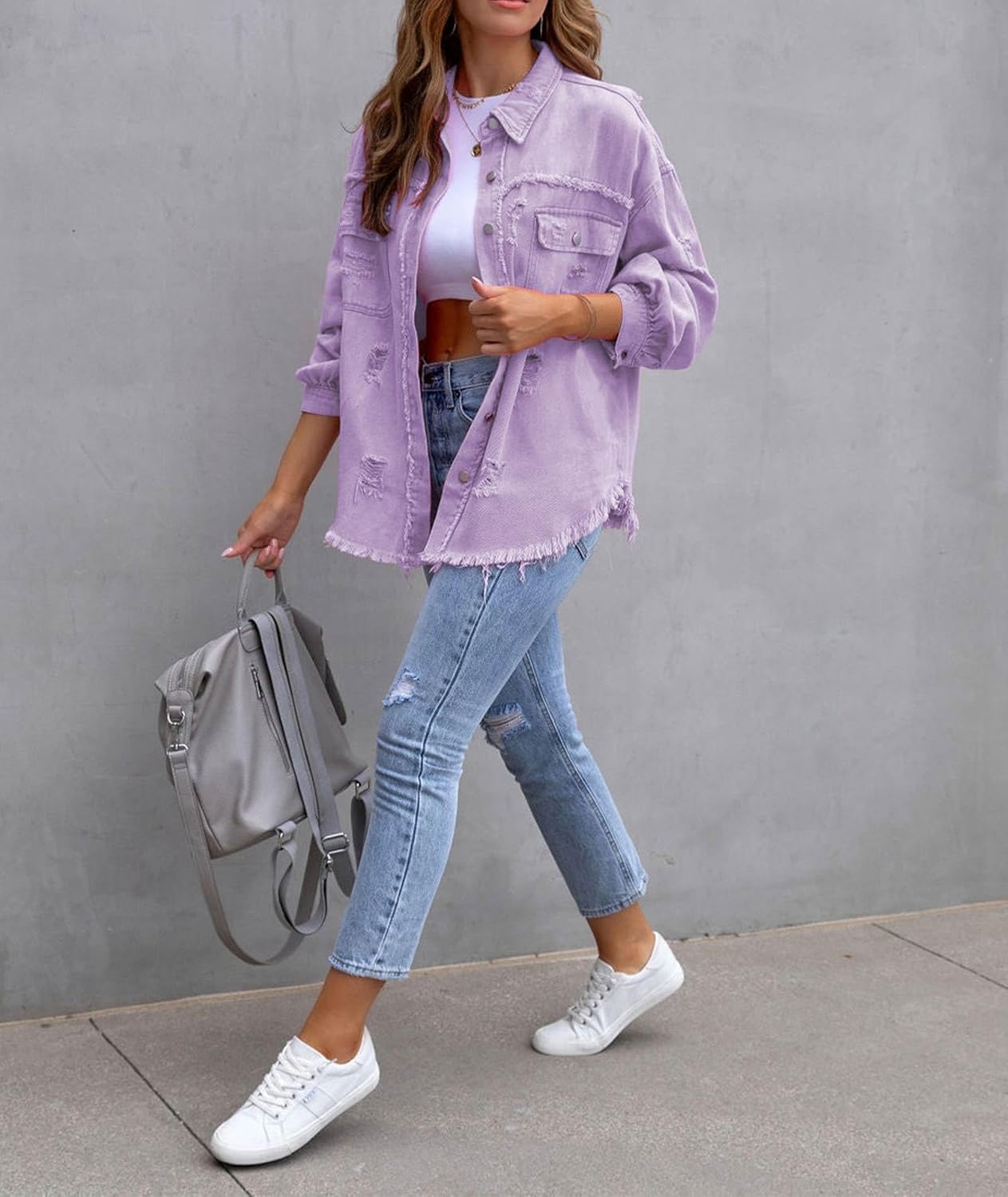 SEMATOMALA Women's Frayed Hem Ripped Denim Shirt Jacket Button Front Boyfriend Jean Coat Oversized Distressed Fall Shacket - Image 4