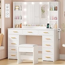 ANWBROAD BDT86W 110 cm Makeup Dressing Table with Mirror Lights and Socket, Adjustable Brightness, Make-up Dressing Table with Stool 11 Drawers Large Makeup Table with 6 Open Shelves White Makeup