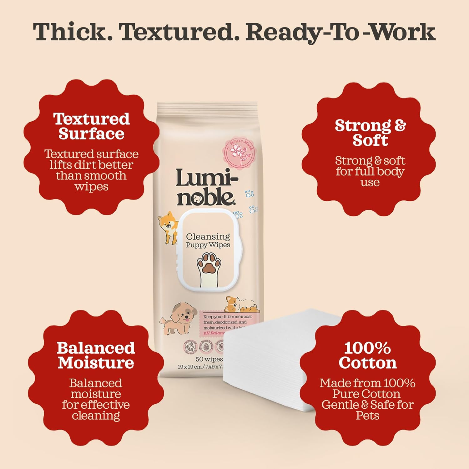 Puppy Wipes for Dogs & Cats - 200 Ct (4x50) Hypoallergenic Grooming Wipe, White Musk Scent, Dog Wipes Cleaning deodorizing for Paws, Ears, Butt & Body, Vegan, Sensitive Skin Safe