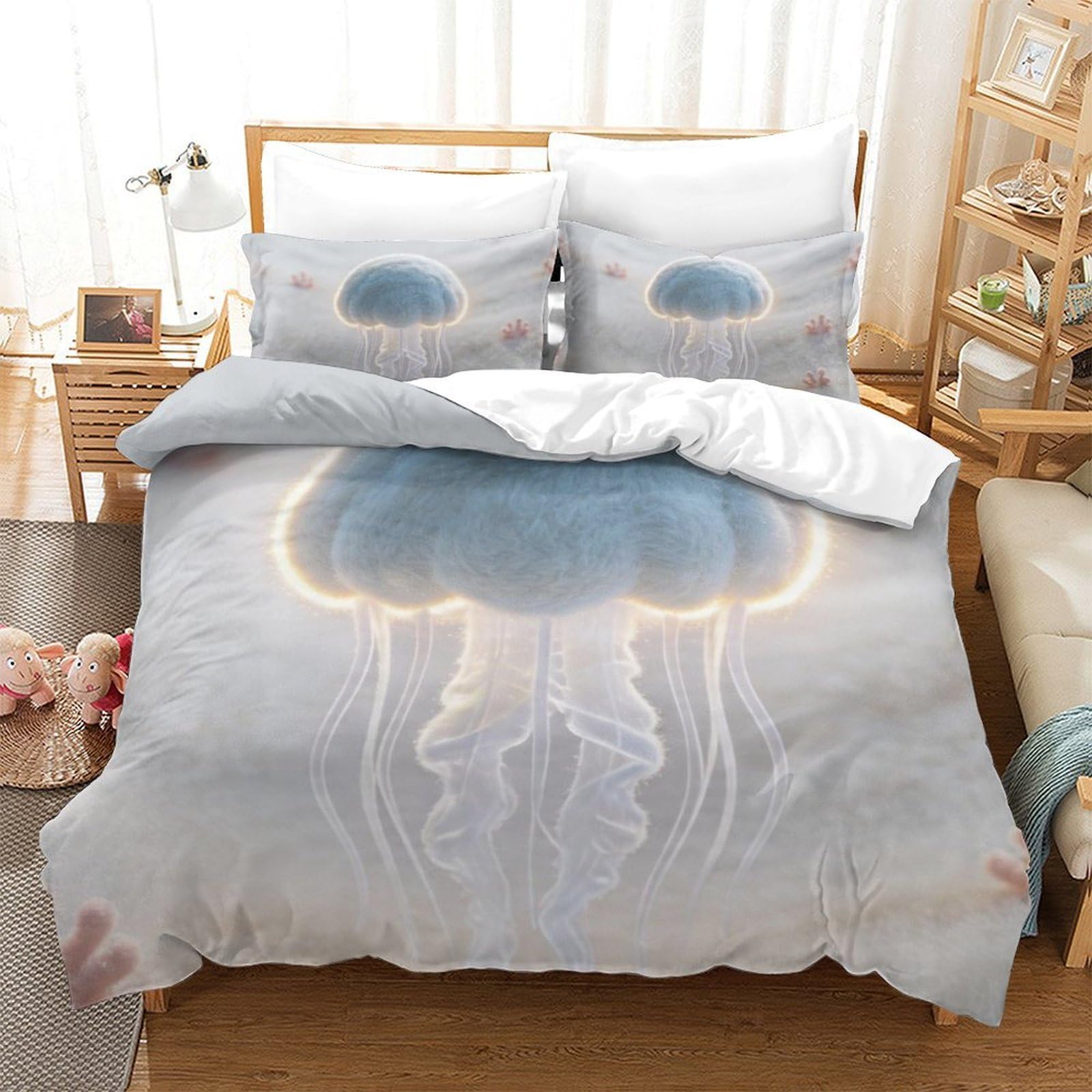 Parure de lit méduse 135x200 et sa housse en microfibre pour une chambre ambiance océan