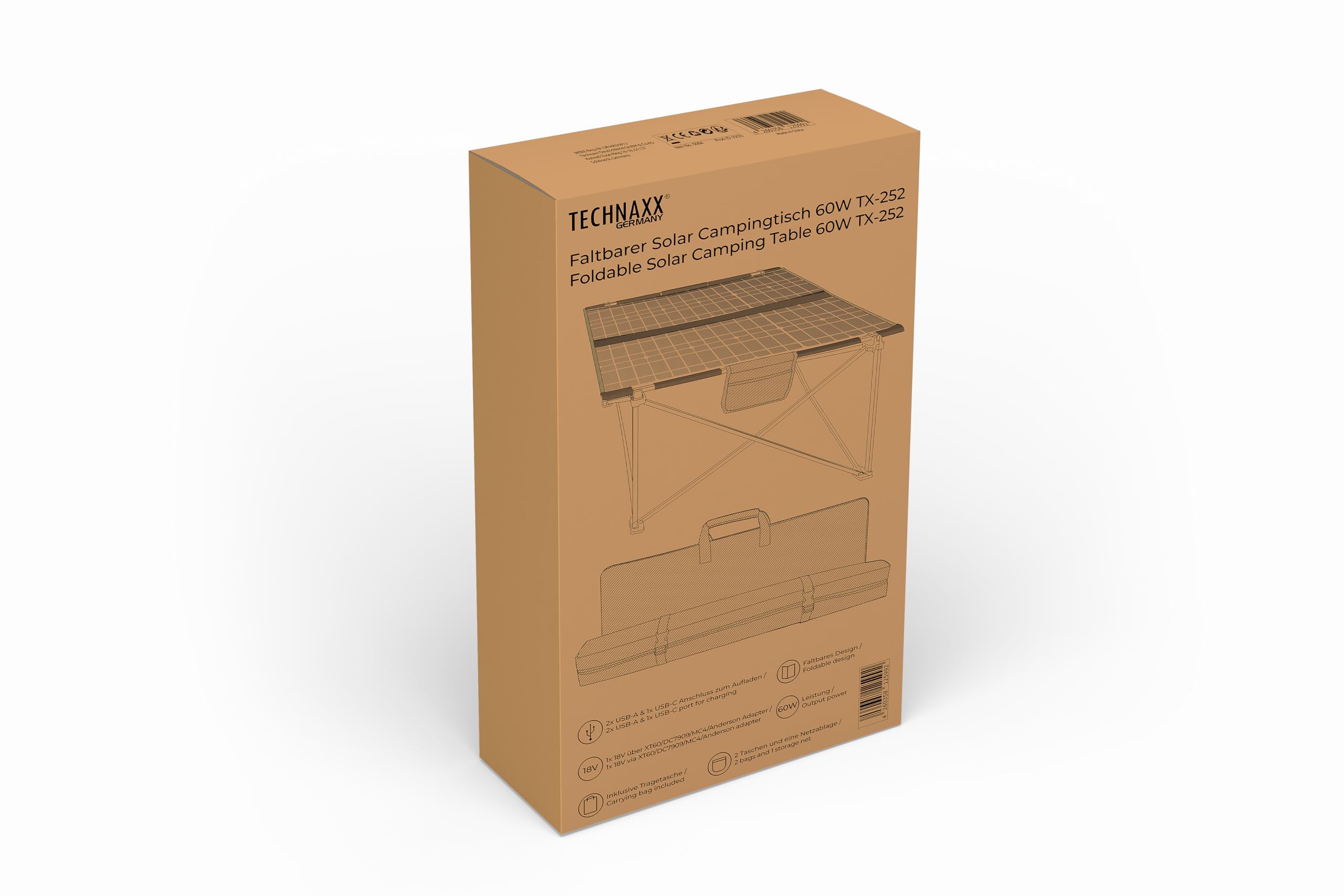 Technaxx TX-252, tavolo solare da campeggio pieghevole da 60W, pannello solare monocristallino con 3x porte USB, uscita DC e design robusto - perfetto per il campeggio e le attività all'aria aperta
