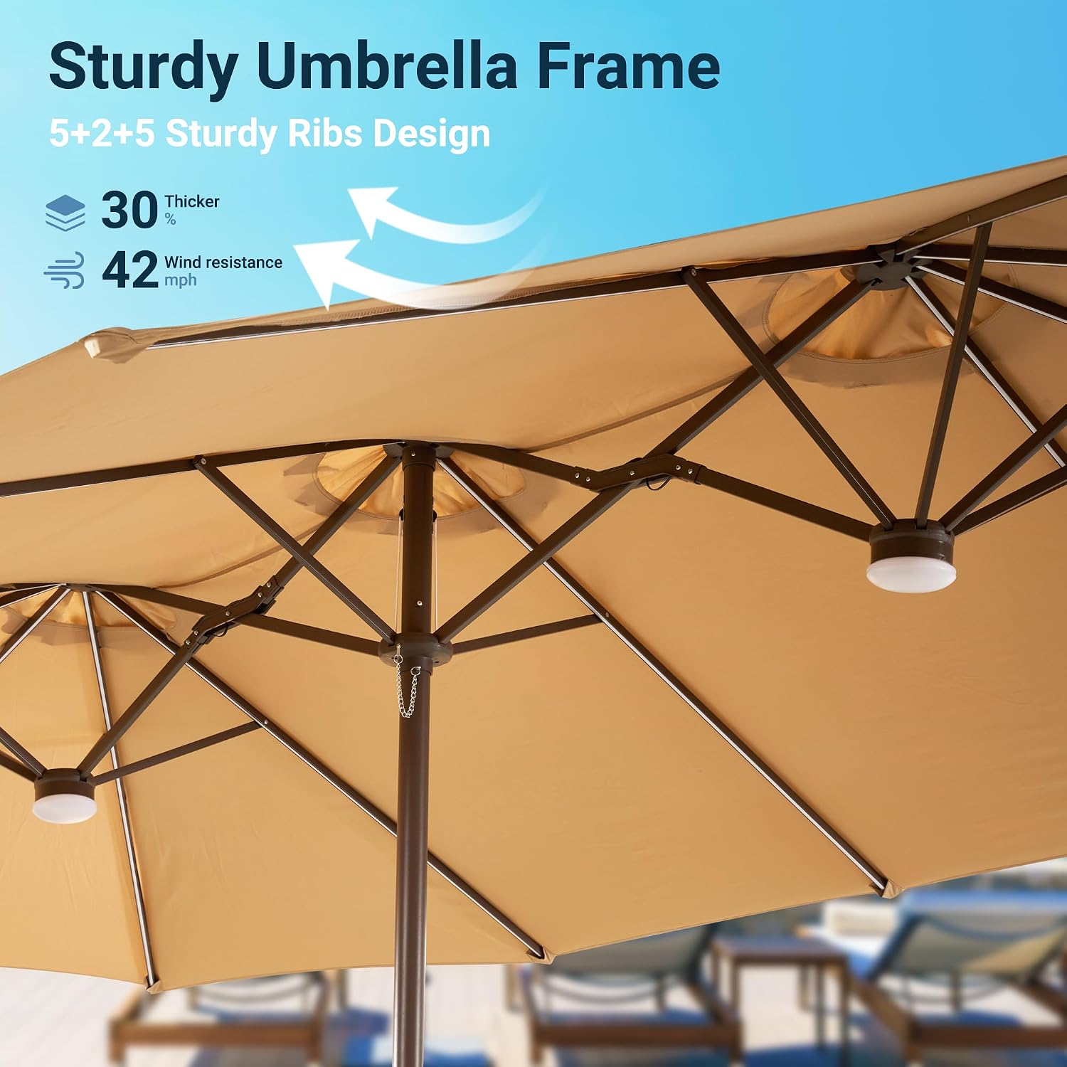 HOOOWOOO Outdoor Patio Umbrella With Solar Light,15 Ft Large Beach Umbrella,Picnic Parasol Sunshade W Base 156 Colorful LED APP Control DIY Light Modes Crank Handle For Backyard Deck Pool Shade