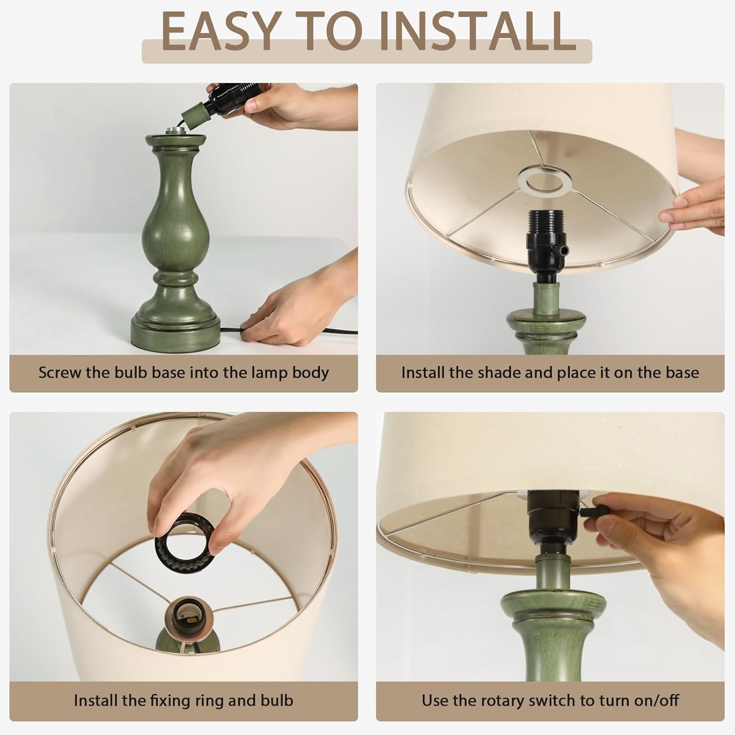 Seealle Farmhouse Table Lamps Set of 2 - Rustic Lamp for Bedroom Living Room, 22" Boho Bedside Lamps for Night Stands End Table Office Desk Lamp Nightstand with Linen Shades(Antique Green) thumbnail