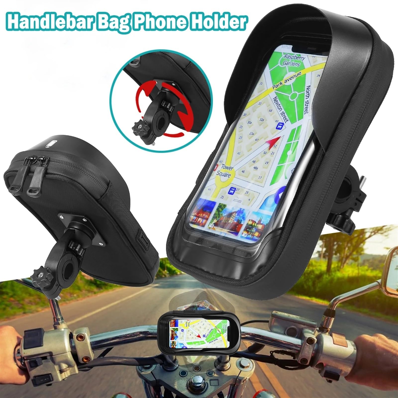 Supporto Cellulare Moto Borsa Manubrio Porta Telefono Impermeabile Girevole A 360° Telaio Anteriore Bici Navigazione Facile Smartphone Universale(Nero)