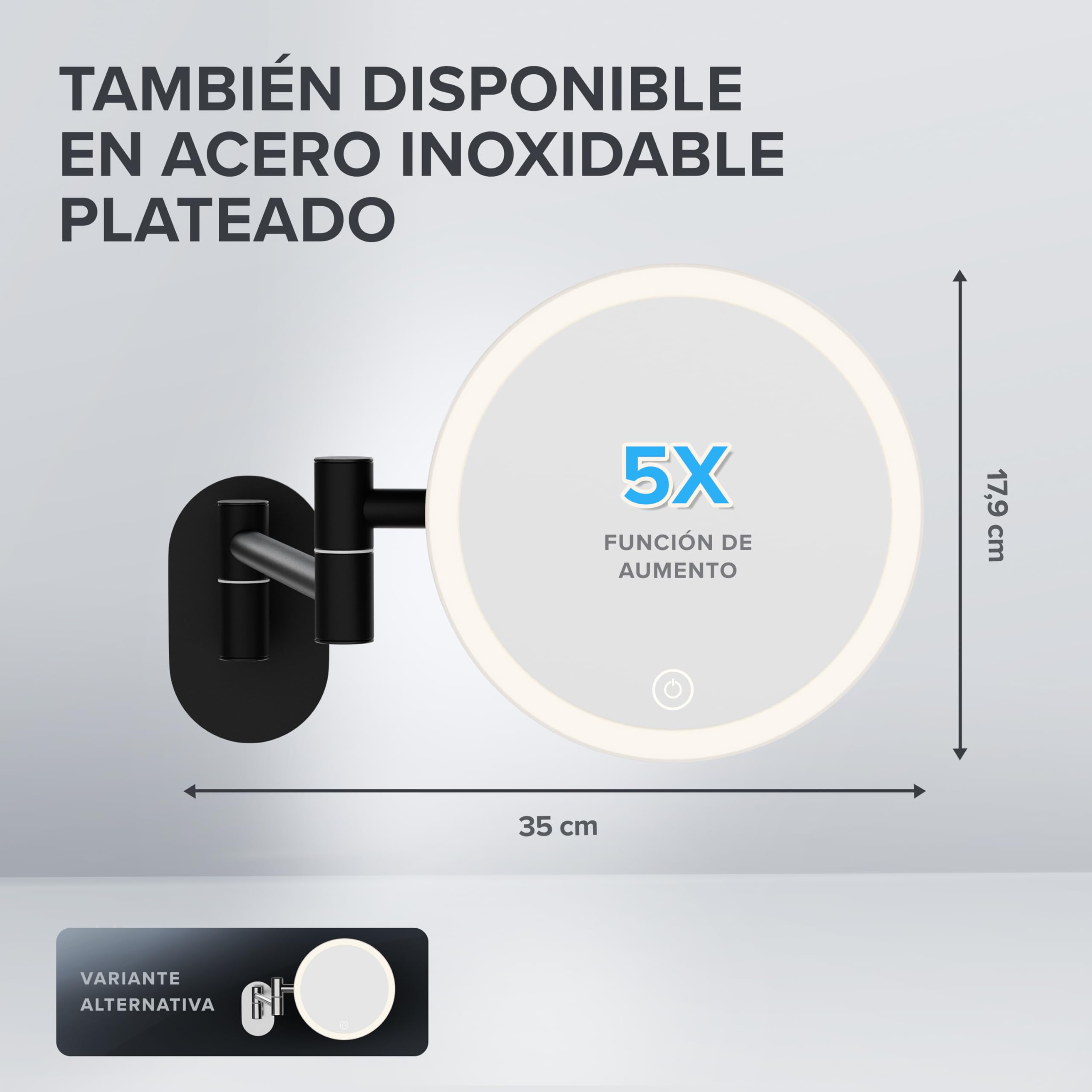 ovimar Leinoya - Espejo cosmético con iluminación (recargable, montaje en pared sin agujeros, para el baño, 5 aumentos, 360 grados)
