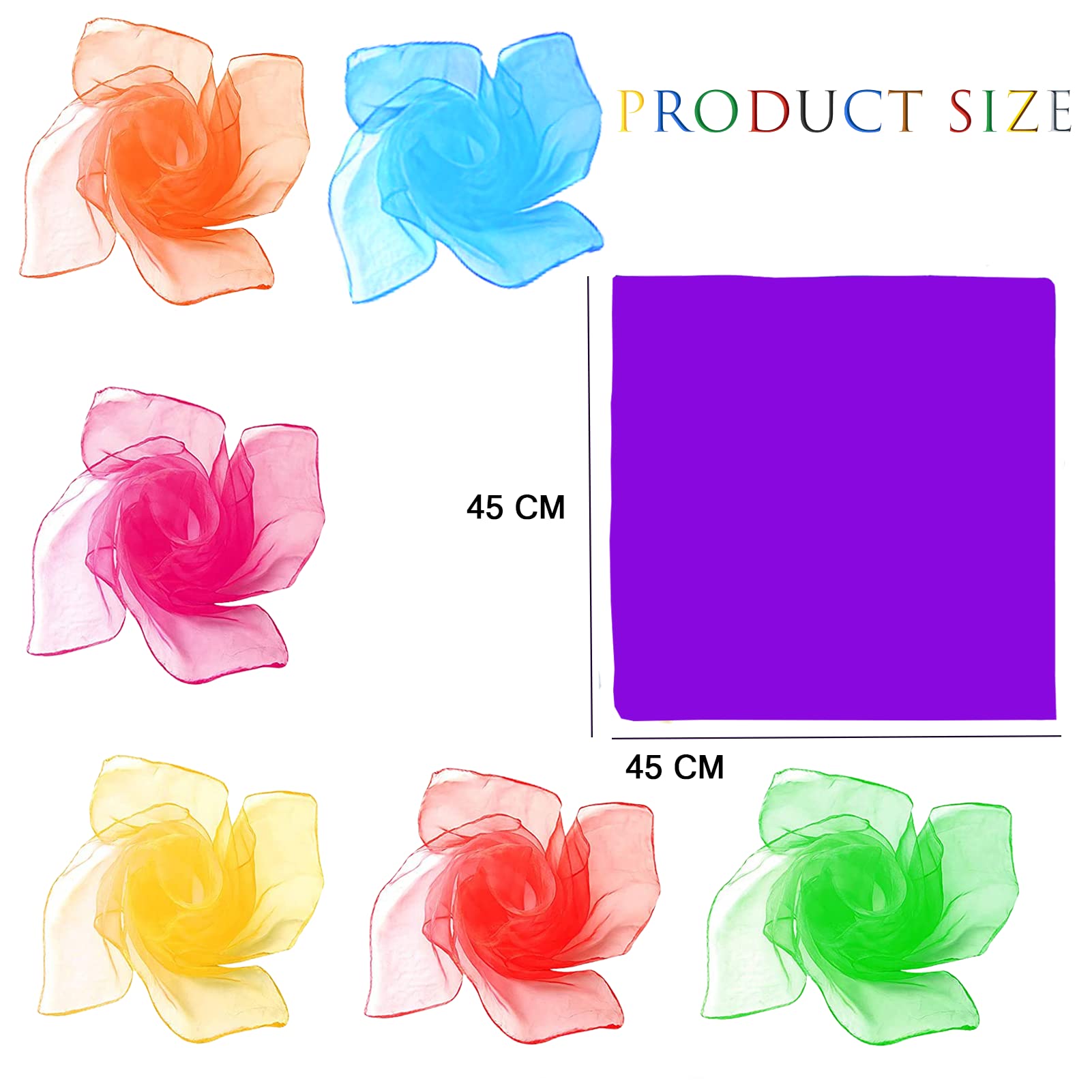 Pañuelos de Malabares para Niños y Adultos - Set de 7 Bufandas Malabares para Baile, Magia, Fiesta y Juegos Sensoriales - Decoración y Accesorios de Circo - 45 x 45 cm