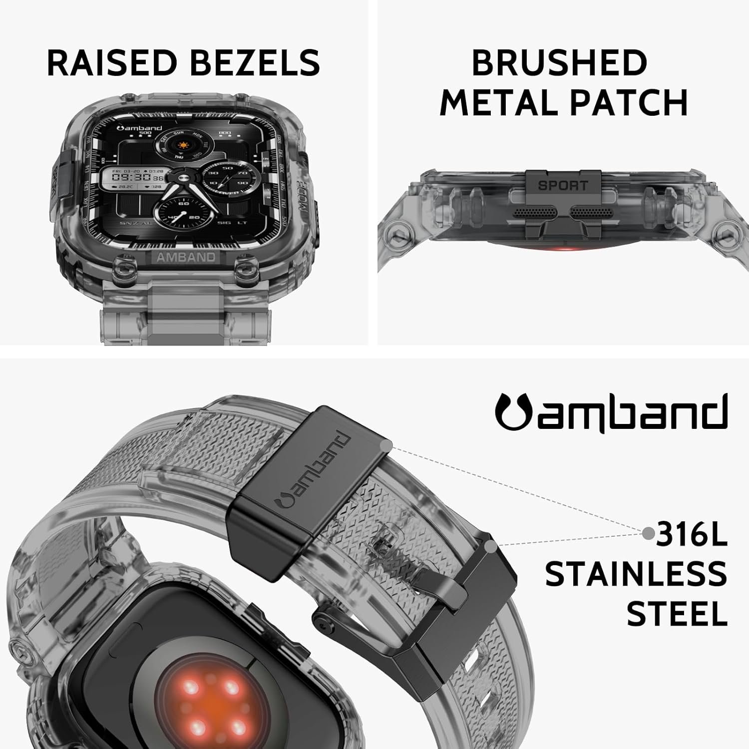 amband m1 sport case band for apple watch ultra 3/2/1 & se 3/2/1 & series 11 10 9 8 7 6 5 4 3 49mm 46mm 45mm 44mm 42mm 41mm 40mm 38mm, shockproof & scratch resistant rugged bumper for men crystal black 46mm