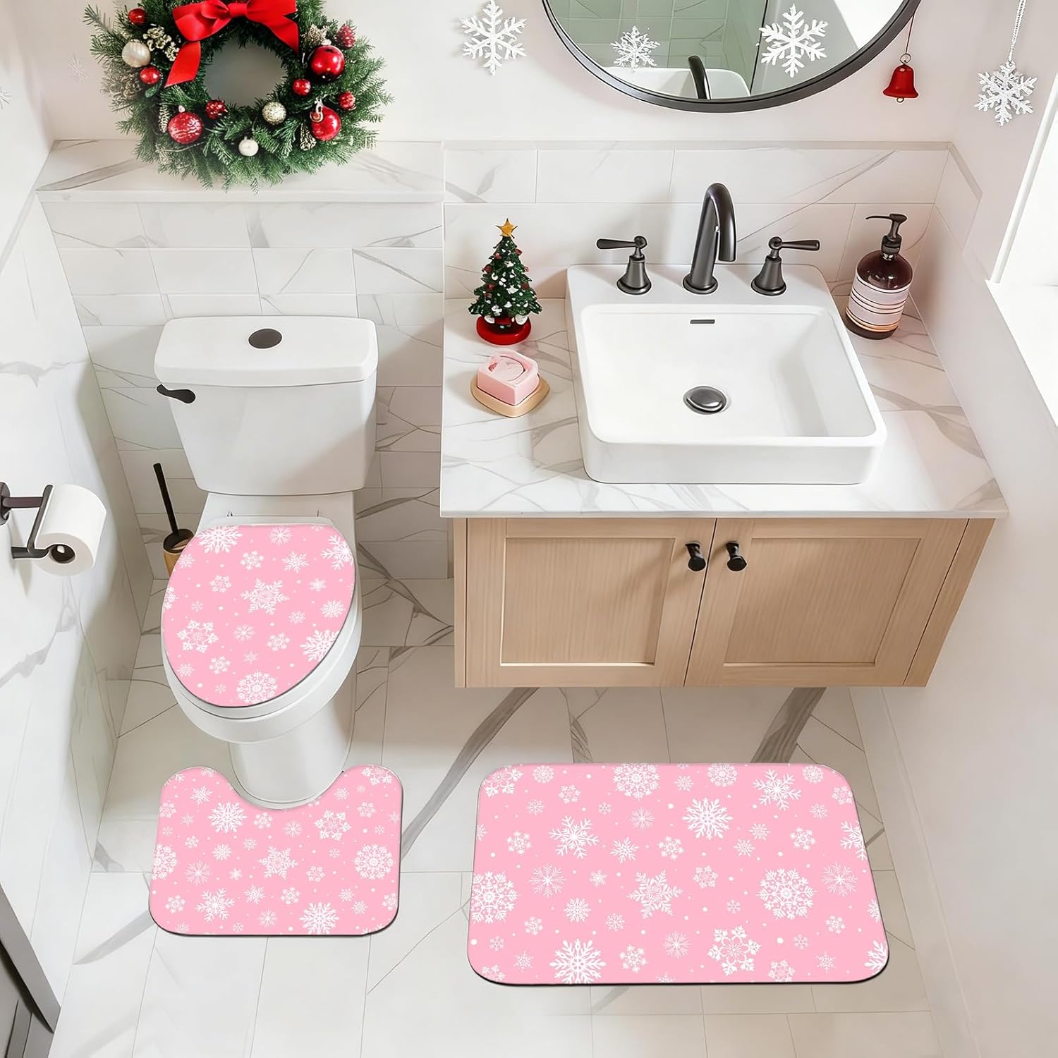 Mocsicka Christmas Snowflake Shower Curtain Set for Bathroom, 4Pcs Winter Snowflake Bathroom Sets with Non Slip Rugs, Toilet Lid Cover, Bath Mat, Shower Curtain, Bathroom Decor with 12 Hooks (Pink)