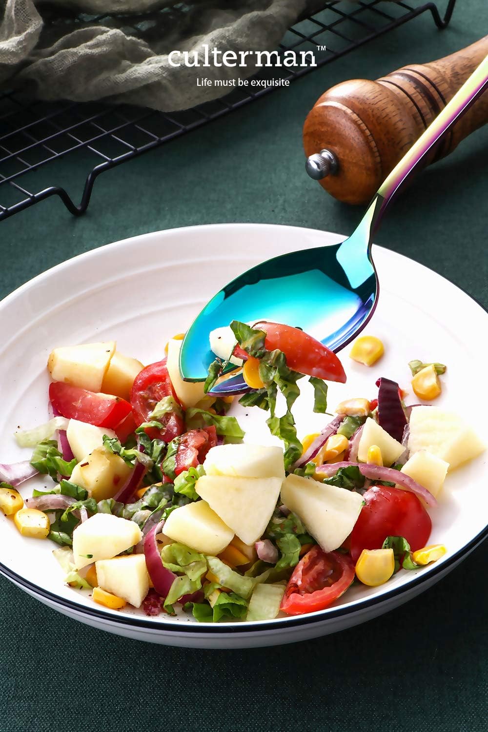 Color rainbow Serving utensils set. Stainless Steel Large Hostess Flatware Sets 7-Piece Includes Silverware Large Salad Spoons,Forks,knife.Dishwasher Safe
