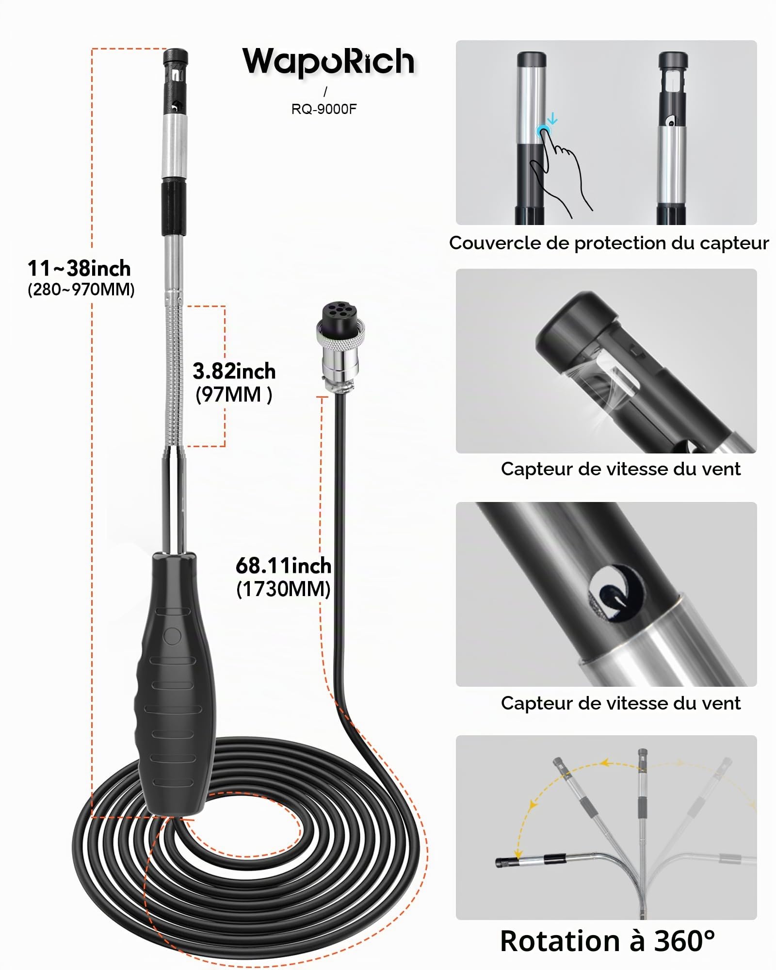 Anémomètre à Fil Chaud, WapoRich Thermo-Anemometre VMC Portable, Mesure Vitesse du Vent 0,1-30 m/s, CFM/CMM/CMS 0–999900, avec MAX/MIN pour Conduits HVAC - RQ-9000F