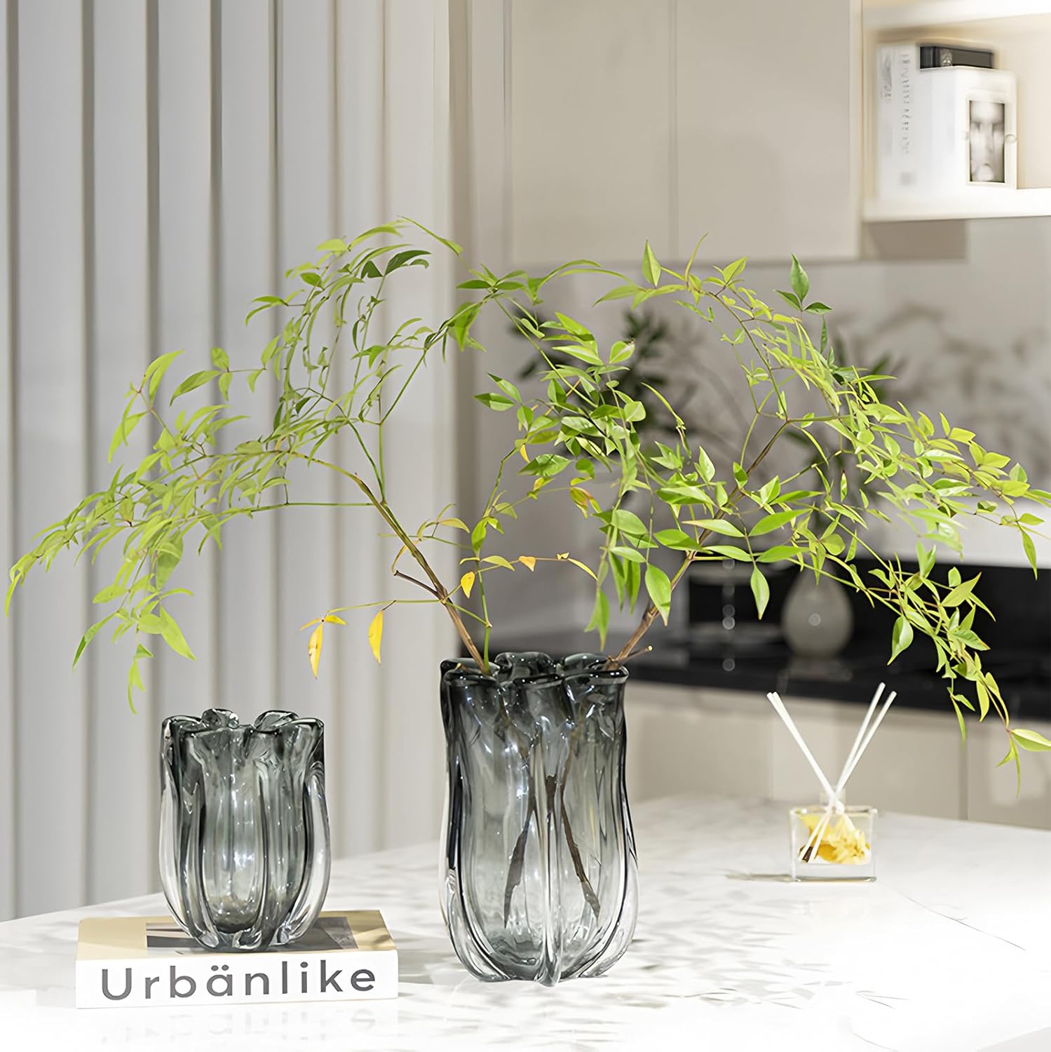 Modern Black Advanced Grey Glass Vase for Flowers, Hand Blown Art Glass Glass vase,Room Decoration and Centerpiece