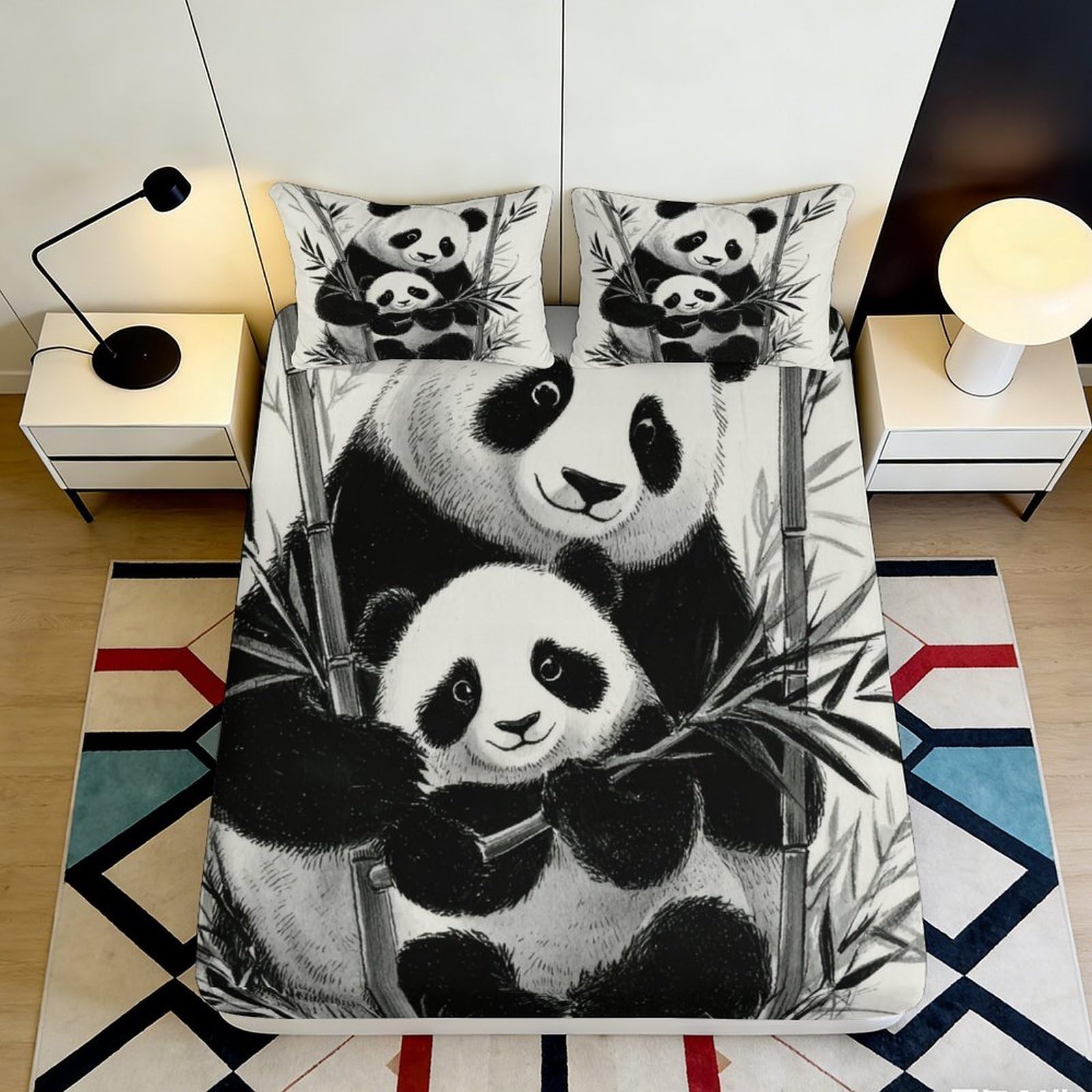 3D Printed Panda Family Fitted Sheet Microfiber Soft Black White Bamboo Mattress Cover for Bedroom Dorm Protector 140x200x25cm