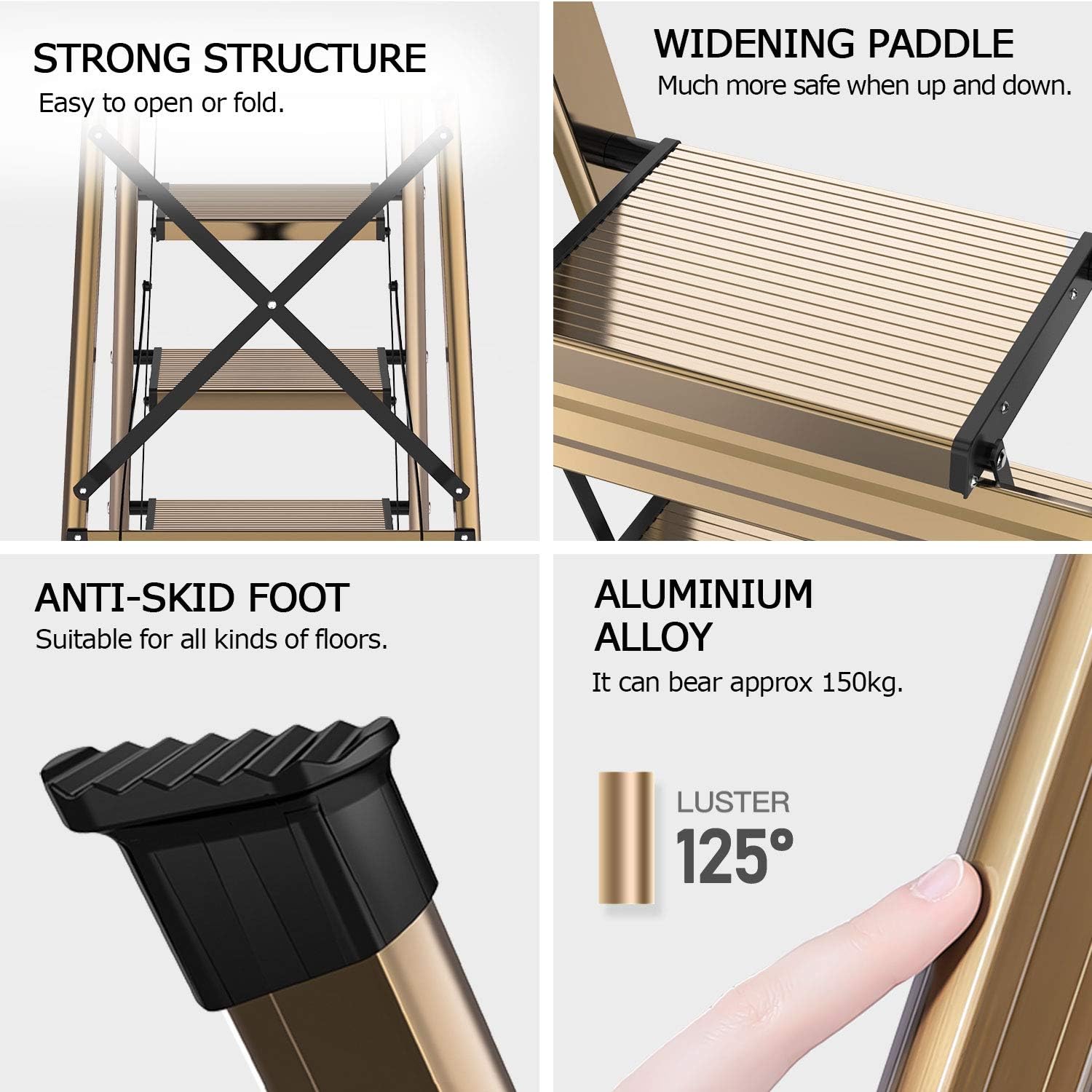 GameGem Lightweight Aluminum 4 Step Ladder Folding Step Stool Stepladders with Anti-Slip and Wide Pedal for Home and Kitchen Use Space Saving (Brown Gold)