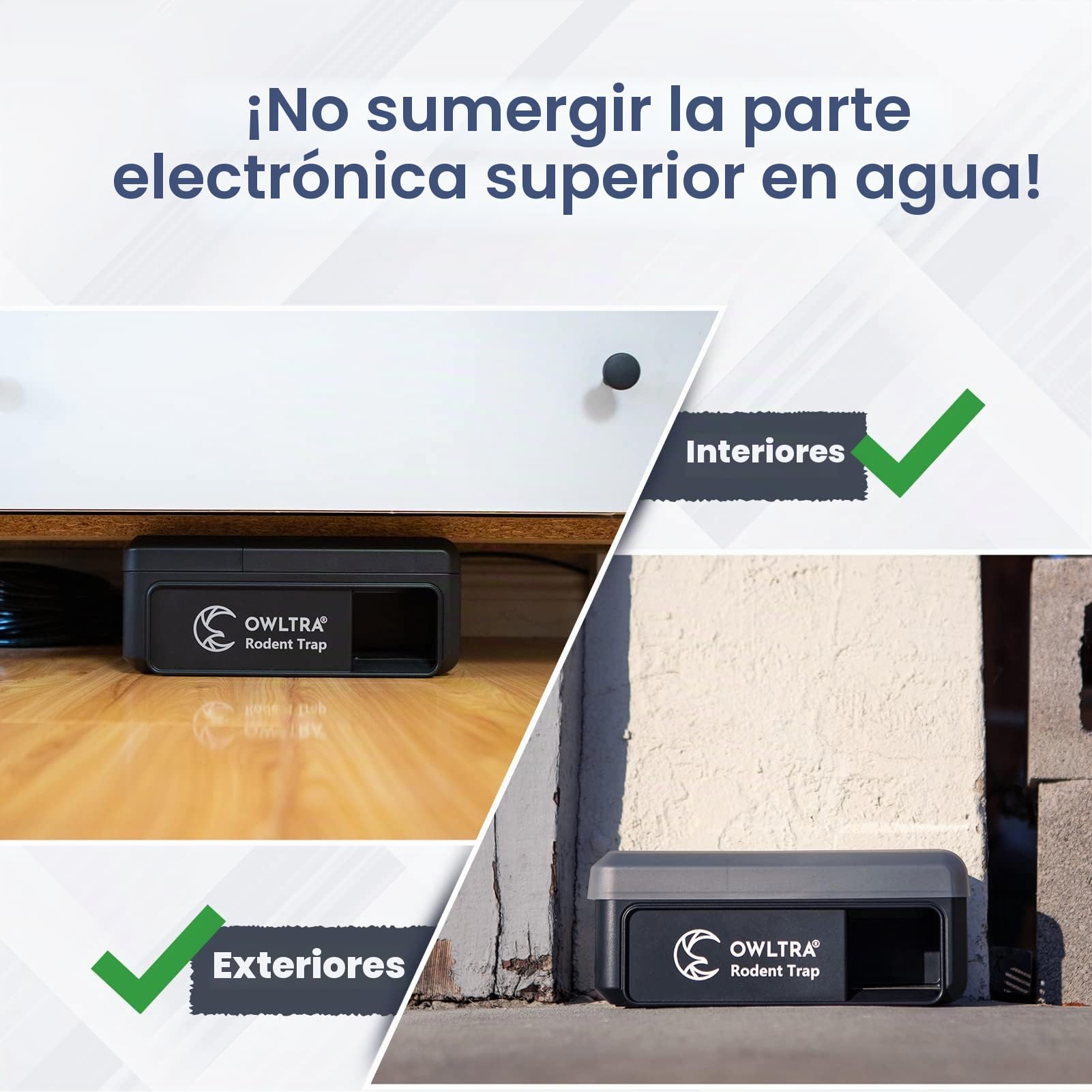 OWLTRA OW-7 Trampa eléctrica para roedores para interiores y exteriores, trampa instantánea para ratones y ratas con cubierta impermeable, alarma de sonido y luz, batería o fuente de alimentación USB,