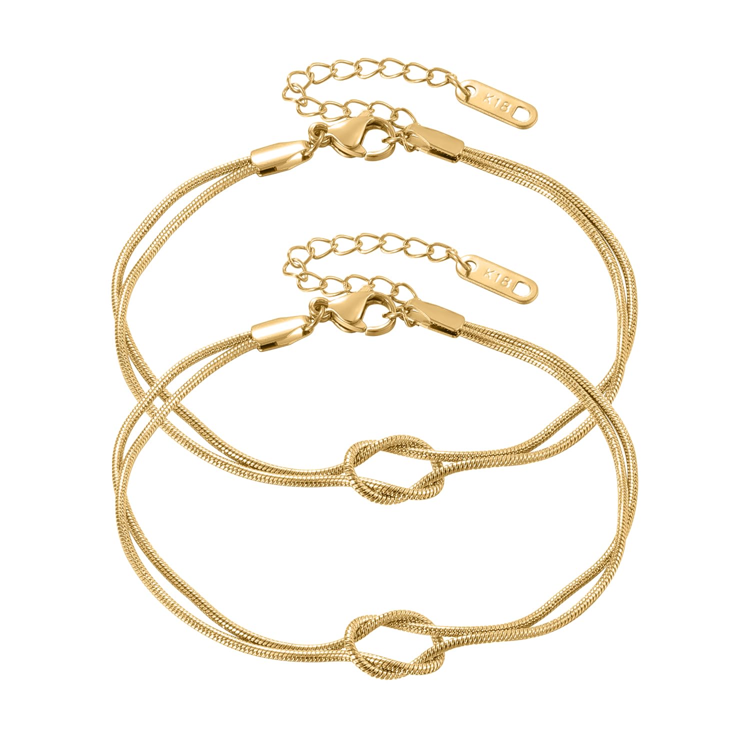 Qitian Gold Bracelets 18K Gold Plated Love Knot Bracelet Snake Chain Infinity Bracelet Adjustable Gold Jewelry Gifts for Women. (2pcs Gold-Snake Bracelet), 24cm
