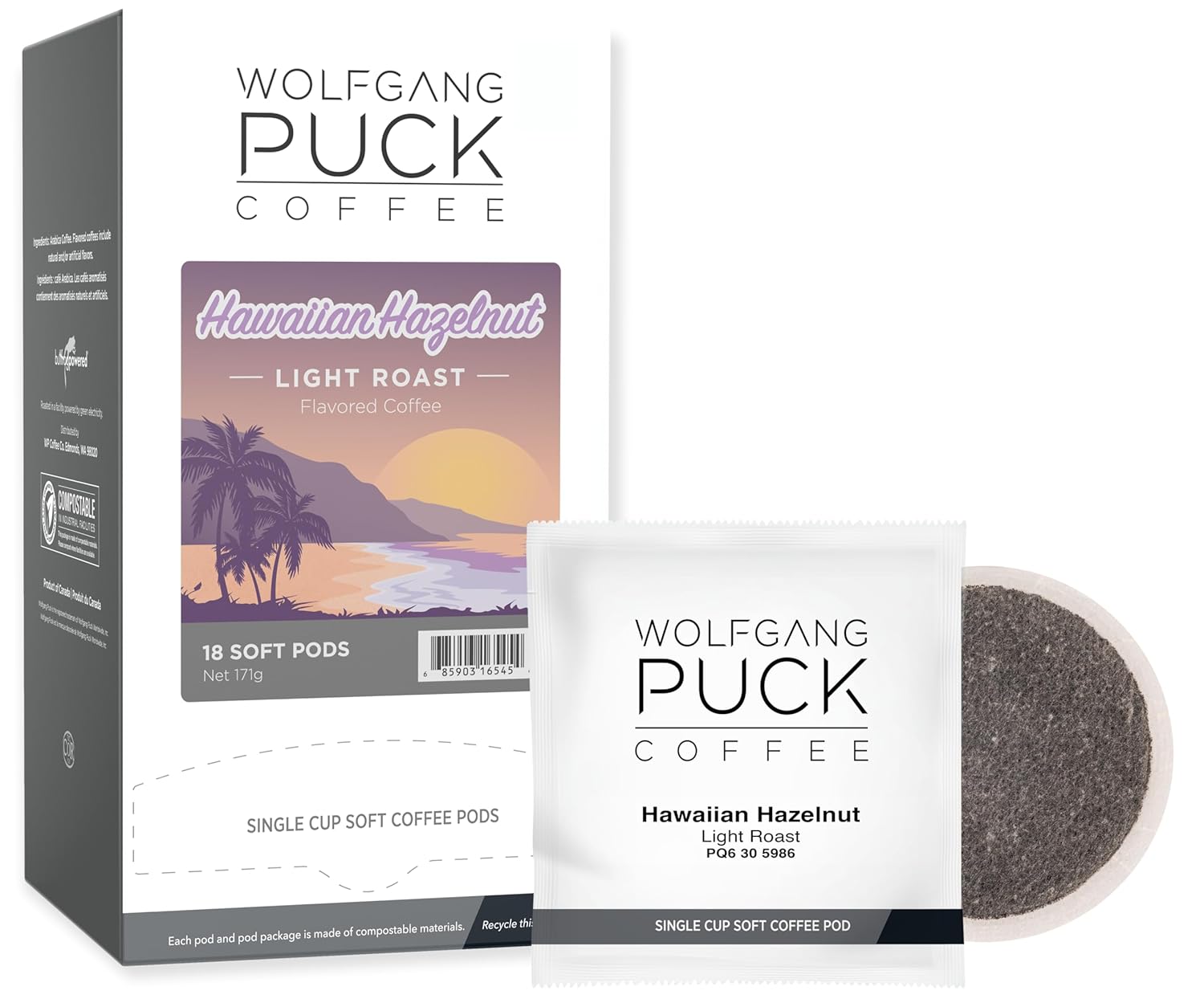 Wolfgang Puck Coffee, Hawaiian Hazelnut Flavored, 9.5 Gram soft Pods, 18 Count (Pack of 3)