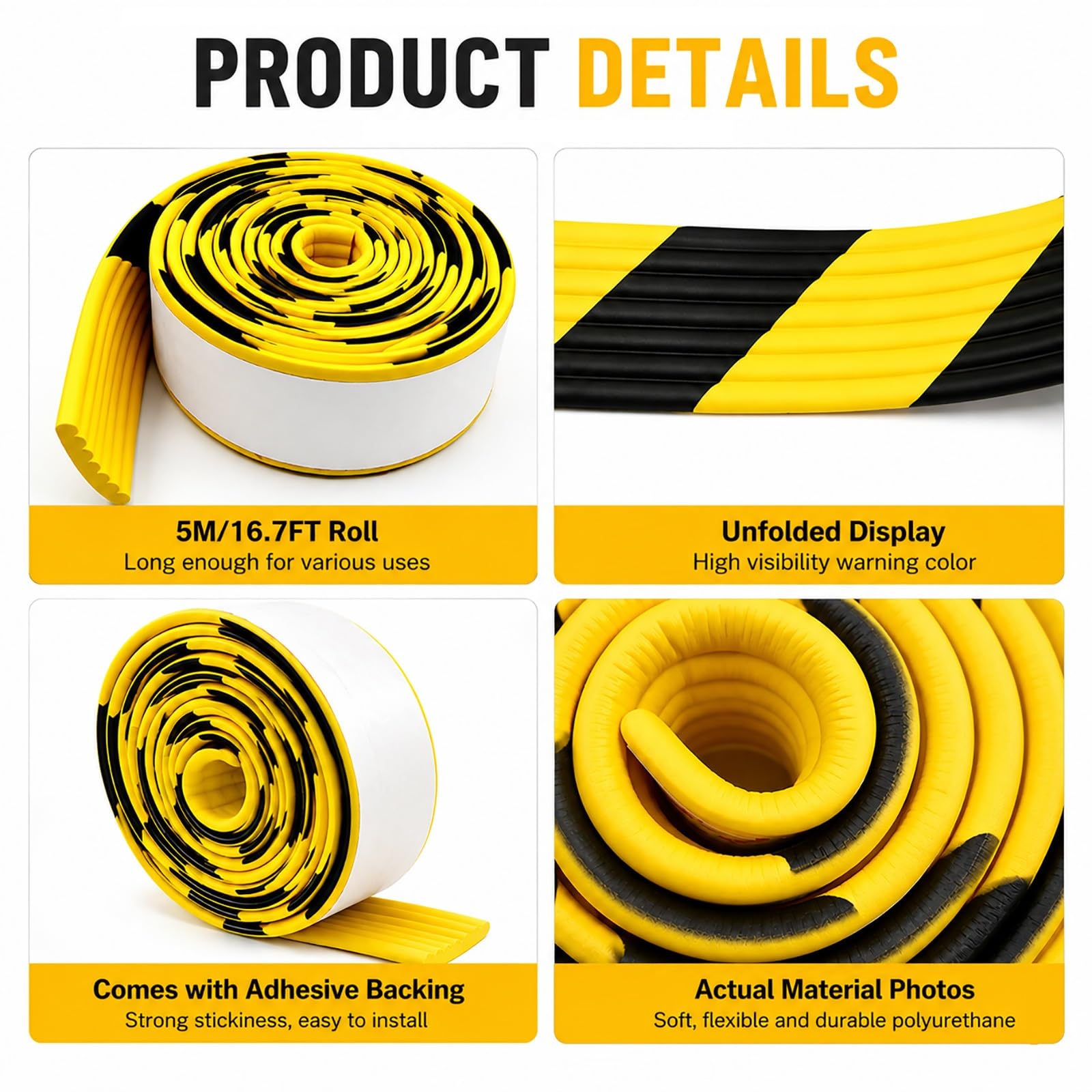 Protector de Bordes de Seguridad de 5 M, Tira Protectora de Esquinas en Negro y Amarillo con Respaldo Adhesivo, para Paredes, Almacenes, Estacionamientos y Equipos