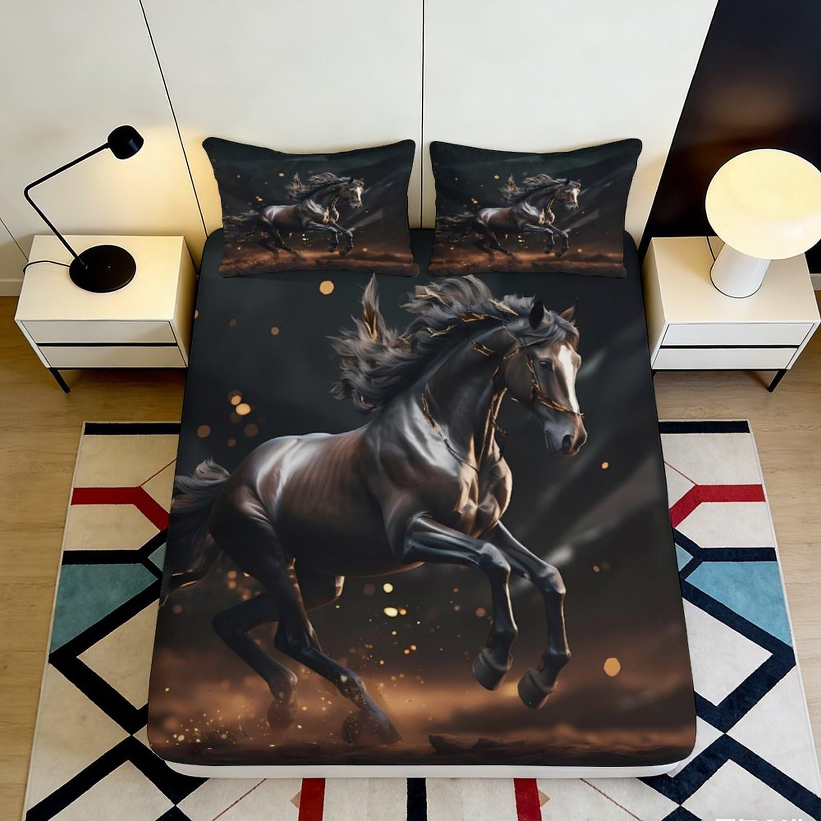 Uynsixtme Style-2 3D Printed Black Horse Fitted Sheet Microfiber Deep Pocket Bedroom Bedding Black Horse Mattress Fitted Cover Elastic Non-Slip For Adults Teens 200X200x25cm