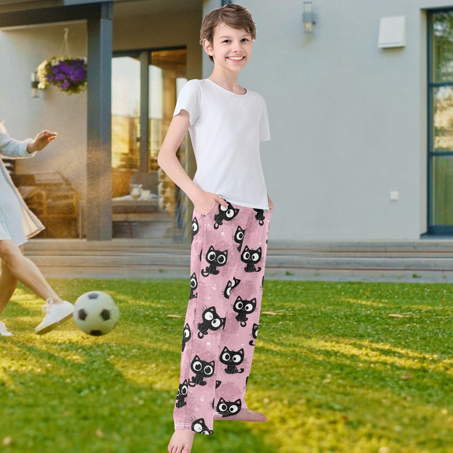 visesunny Boys' Pants Cute Cats Pink Pattern Jogger Pants Elastic Waist Long Bottoms Trousers with Pockets S-XL