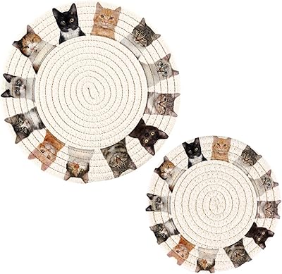Chovvy 鍋敷き 耐熱鍋敷き コップ敷き コースター やかん お鍋 ポットマット 花瓶敷き おもしろ ねこ 猫柄 かわいい 可愛い ホワイト 断熱パッド 滑り止め 丸型 2枚セット 綿編鍋敷き 洗える断熱マット お鍋シート キッチン用品 北欧 厚手 デスクトップを保護する キッチン雑貨