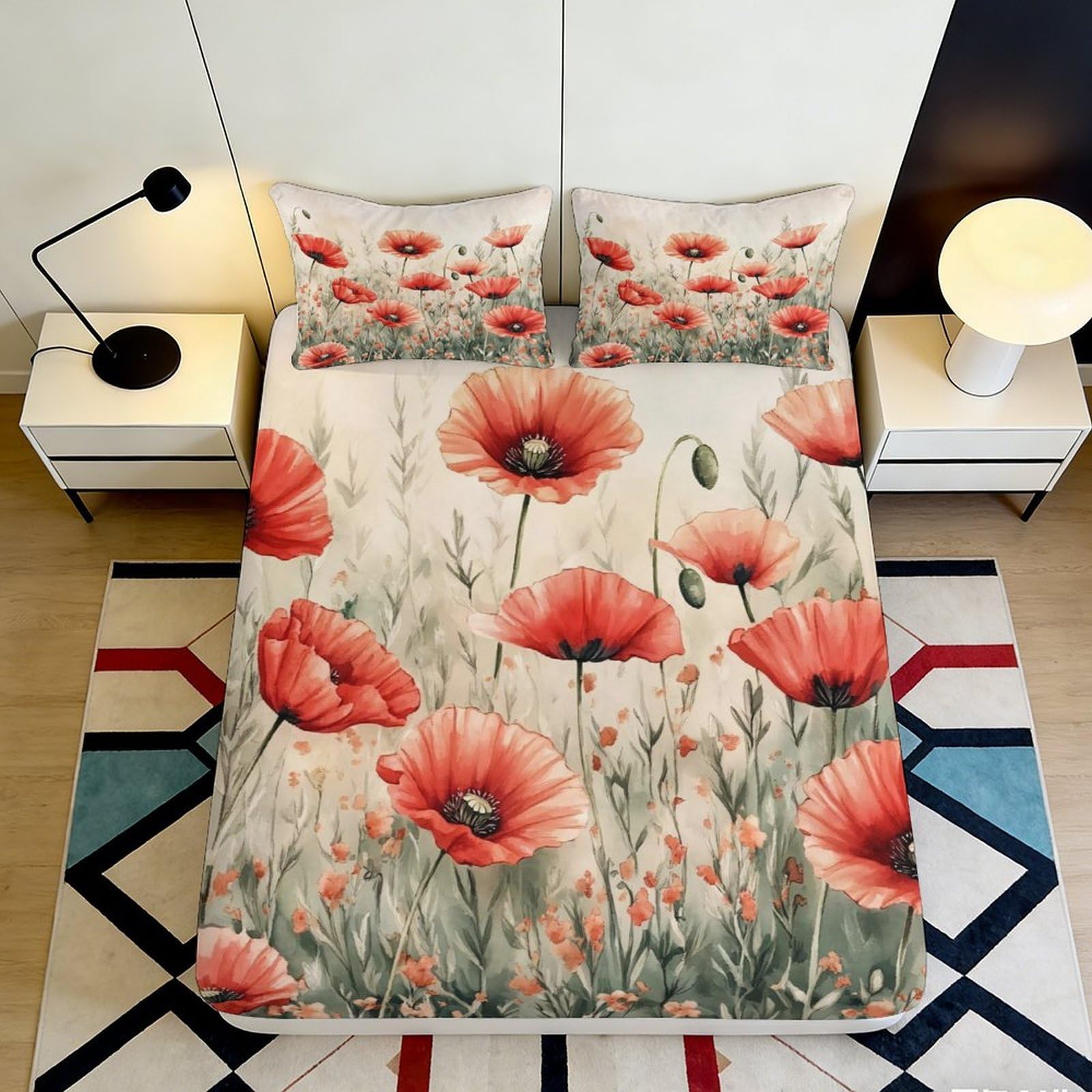 3D Printed Red Poppy Floral Fitted Sheet Microfiber Soft Breathable Meadow Wildflower Bed Cover for Bedroom Dorm Mattress Protection Decor 90x200x25cm