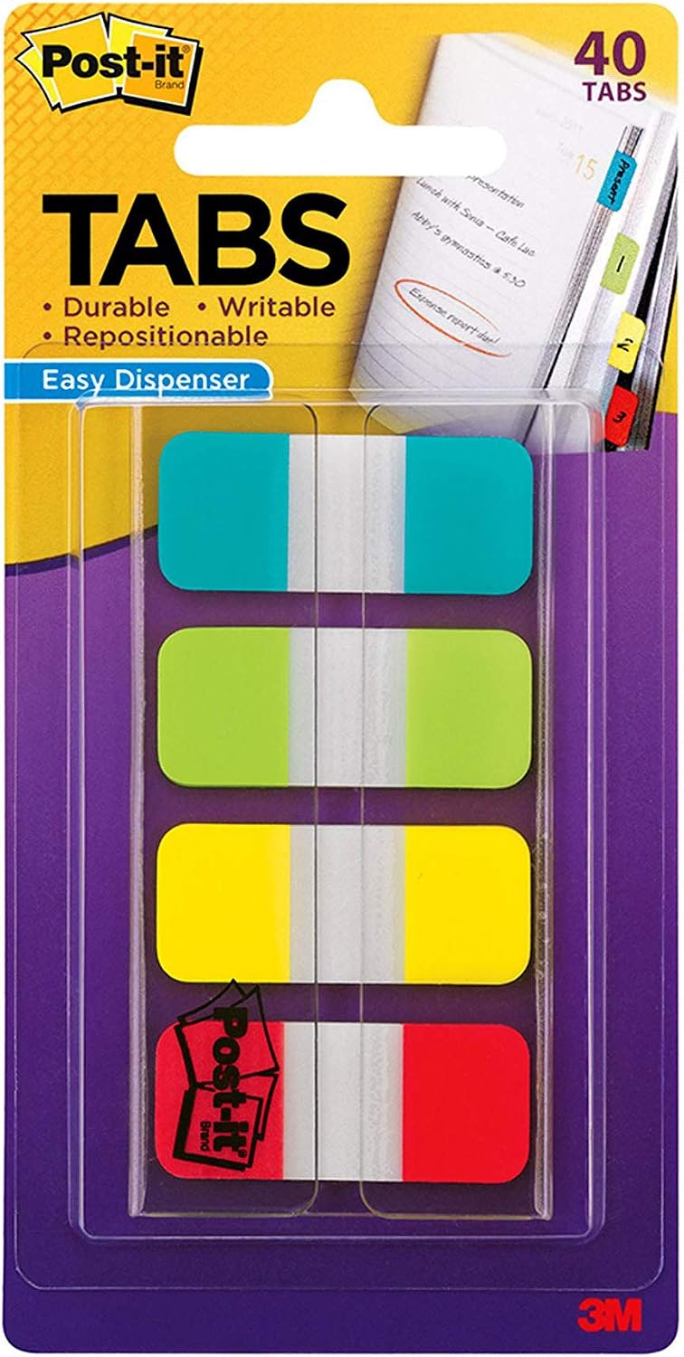 Post-it Tabs, 625 in Solid, Aqua, Lime, Yellow, Red, 10/Color, 40/Dispenser (676-ALYR)