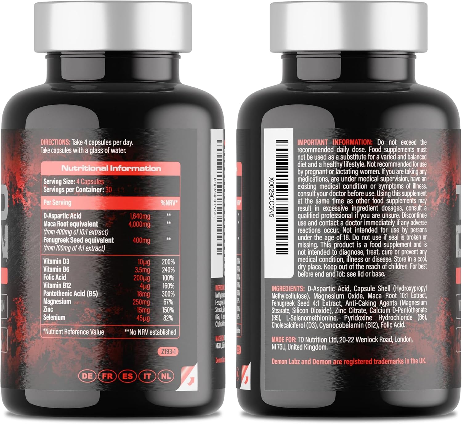 Testo Demon - Zink & Aminosäuren-Komplex mit Maca, B-Vitamin & Pflanzenextrakten - 120 Kapseln für Männer