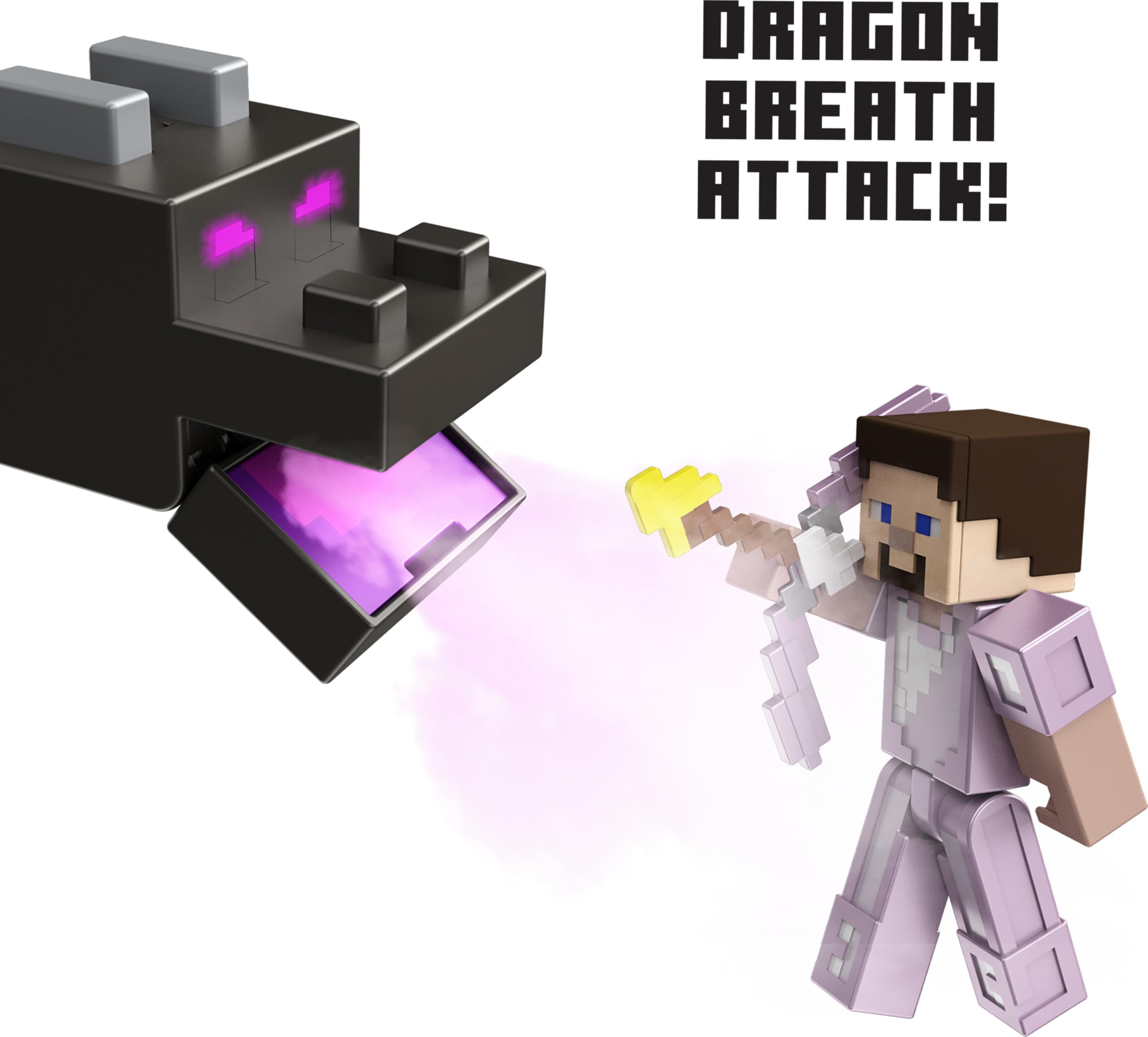 Mattel Minecraft Toys, action figure grande Ultimate Ender Dragon con accessori Steve e 4 da 8,3 cm, gioco con luci, suoni, nebbia e cambio di colore