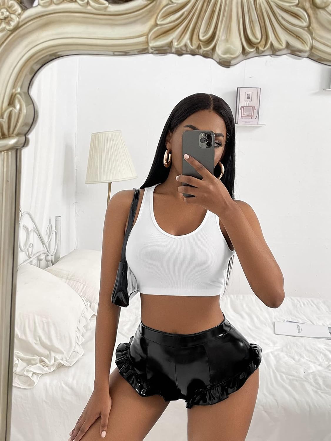 WDIRARA Women's PU Leather High Waisted Booty Shorts Ruffle Hem Skinny Shorts - Image 5