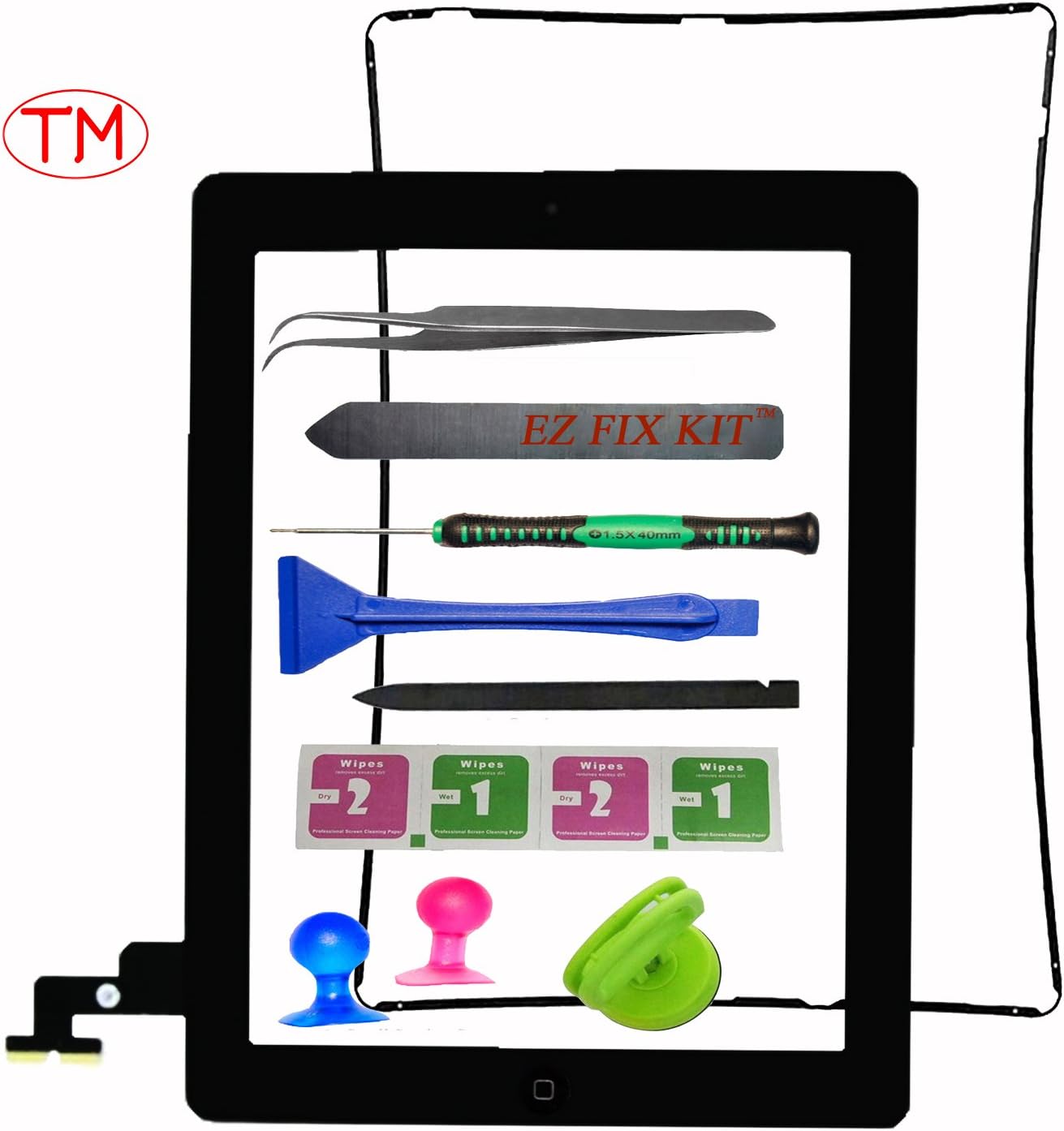 Screen replacement for iPad 2, Front Touch Digitizer Assembly Replacement include Home Button +Camera Holder + Preinstalled Adhesive + Frame Bezel with Premium Tool Kit (Black)
