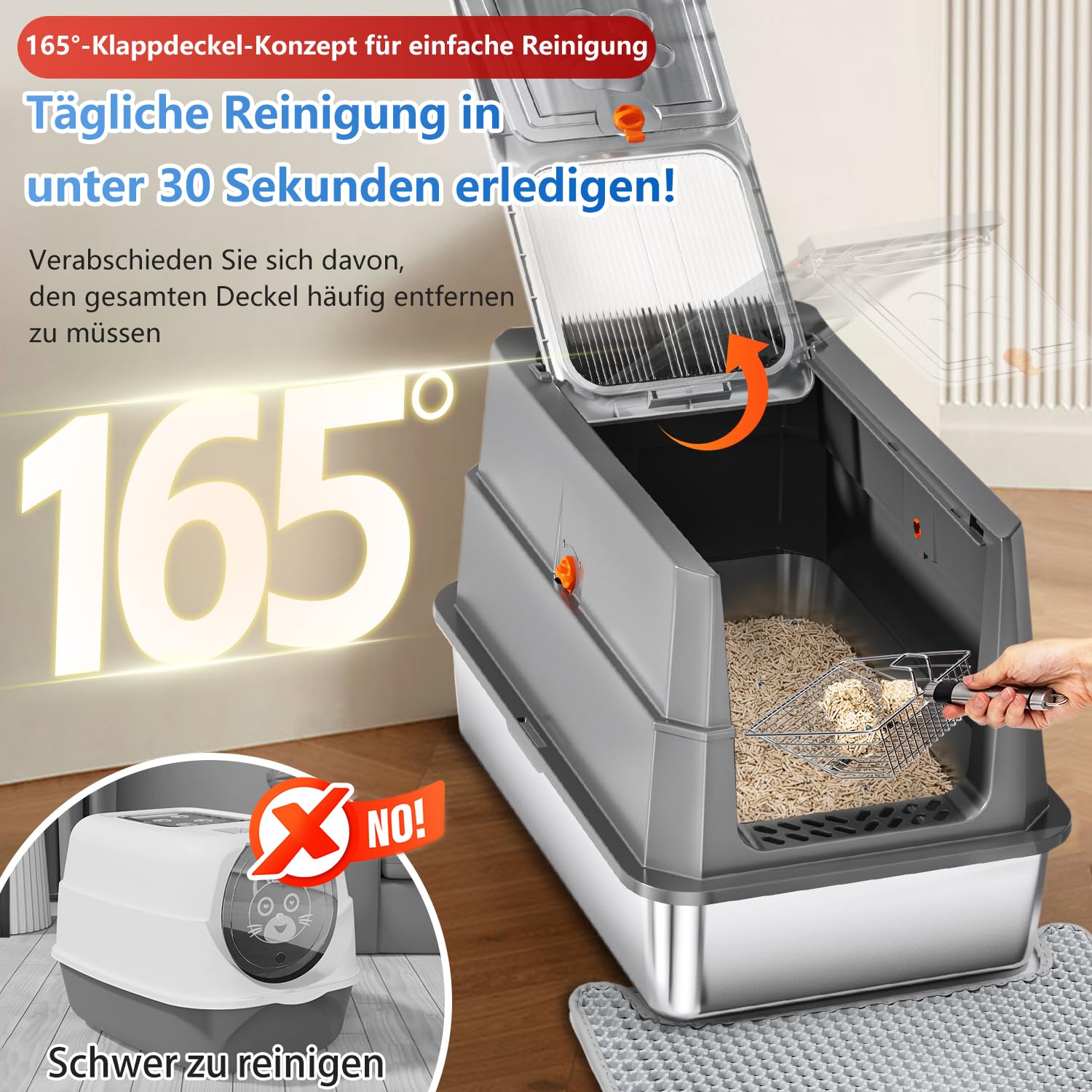 Edelstahl Katzenklo mit Deckel, 155° Klappdeckel XL Katzentoilette, Geschlossene Metall-Klobox inkl. Matte & Schaufel, Hohe Wände, Auslaufsicher, Front- & Deckel-Einstieg