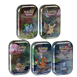 Pokemon Kanto Friends Mini Tin 5 Pack Bundle Featuring Pikachu Eevee Charmander Bulbasuar Squirtle Over 100 Cards Total