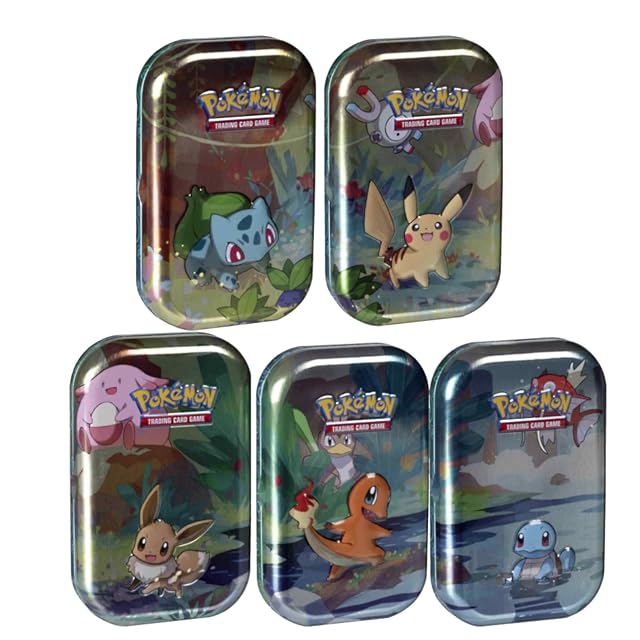 Pokemon Kanto Friends Mini Tin 5 Pack Bundle Featuring Pikachu Eevee Charmander Bulbasuar Squirtle Over 100 Cards Total