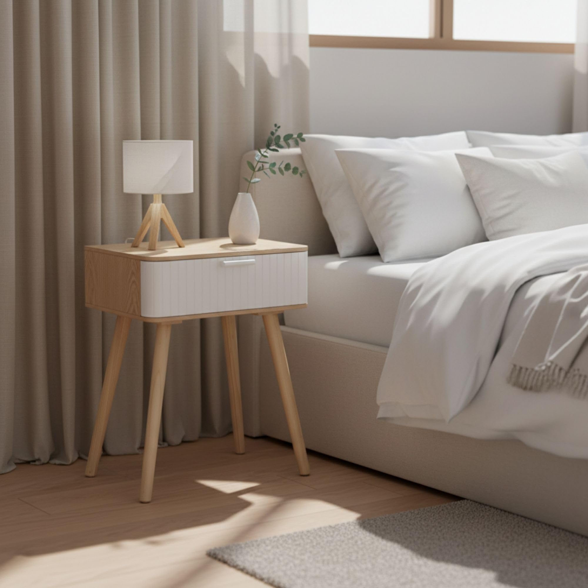 INDE MOBLEKIT | Mesita de Noche Madera Blanca con Cajón, 40x29x52 cm, Mesilla Estilo Nórdico para Dormitorio o Salón, Mesa Auxiliar Compacta, Mesitas de Noche Blancas y Funcionales