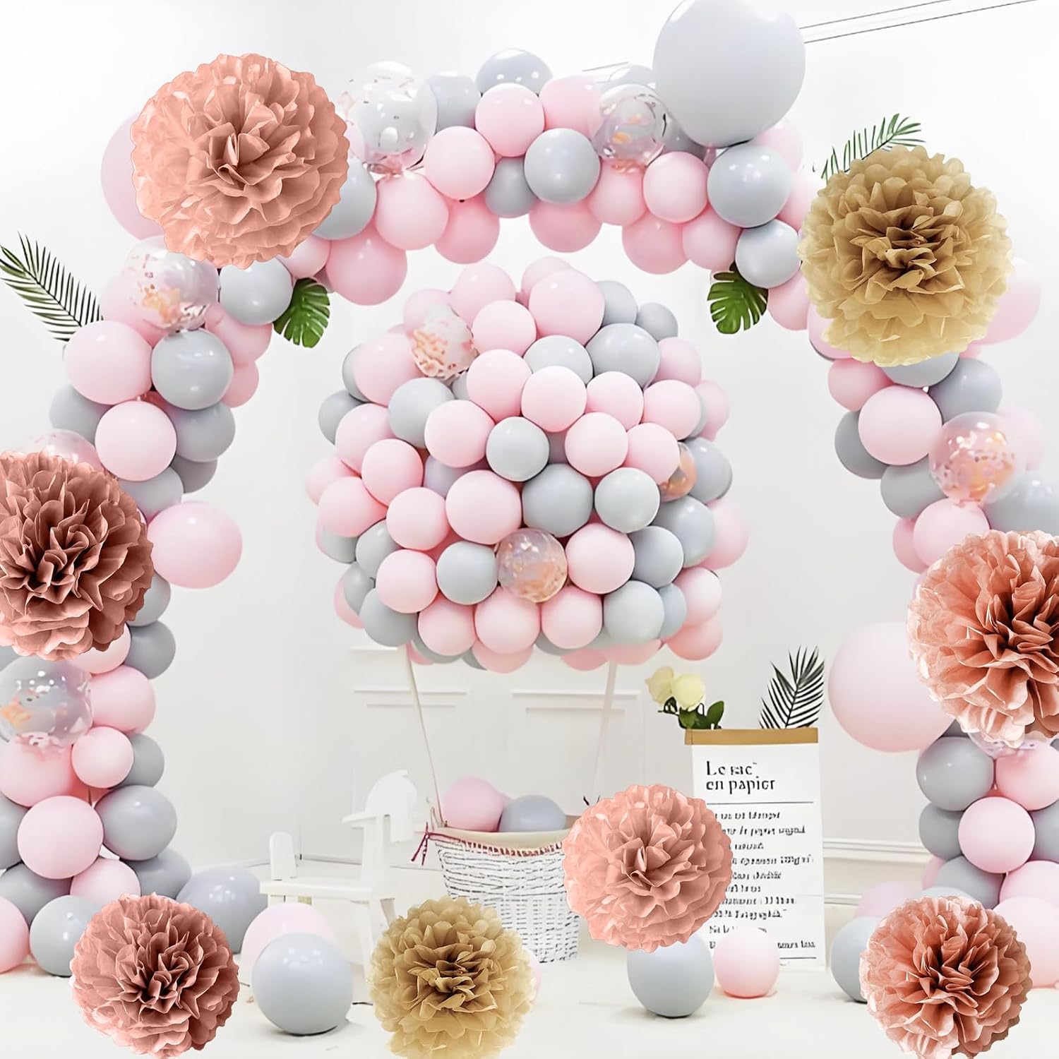 Yucenora 12 PCS Boho Paper Pom Poms, Blush Pink Rose Gold Tissue Paper Flowers Decorations Wall Hanging for Wedding, Birthday, Bridal Shower Decor(Pink)